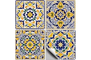CONCHLERY 36 Pcs 4 Styles Mexican Floral Pattern Tile Sticker Blue Talavera Pattern Wall Tile Stickers Waterproof Self Adhesi