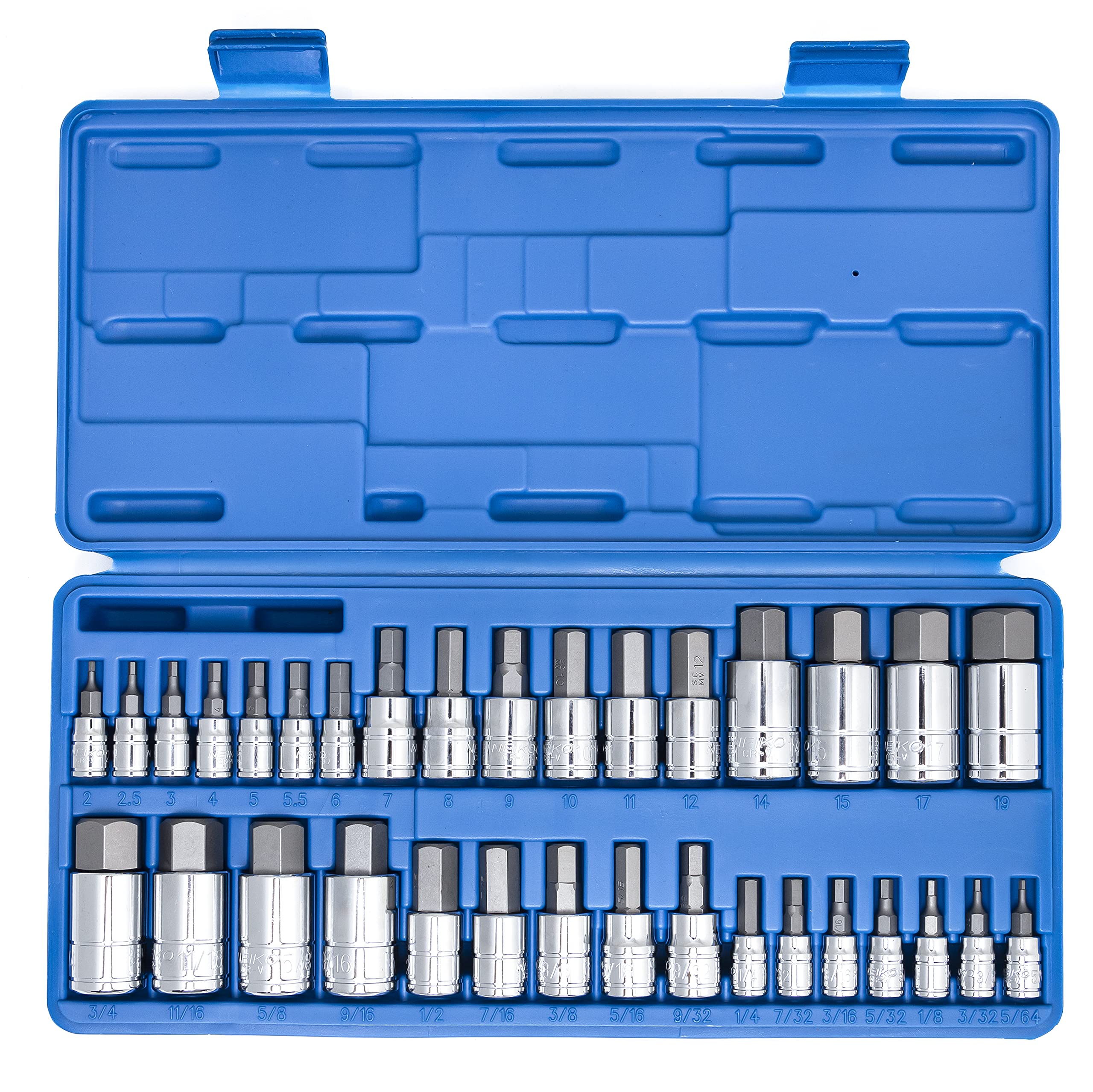 NEIKO 10388A Master Allen Hex Bit Socket Set, 33-Piece SAE & Metric Allen Socket Set, S2 Steel, 5/64'-3/4', 2mm-19mm Image