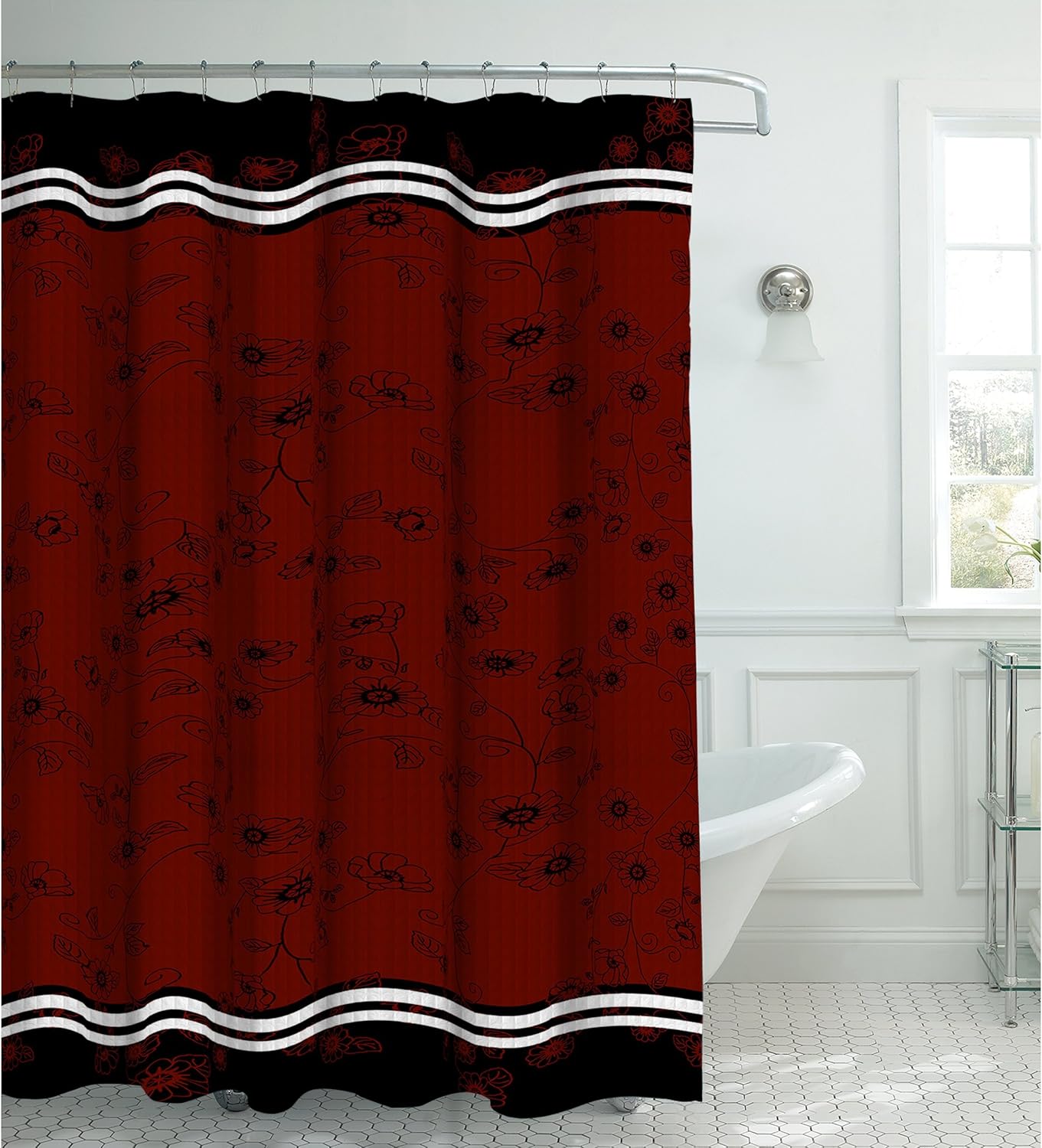 Creative Home Ideas Oxford Weave Textured 13-Piece Shower Curtain with Metal Roller Hooks, Kalista Black/Barn