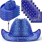 Coume 12 Pcs Sparkly Adults Cowboy Hat and Bandanas Women Men Western Glitter Cowgirl Party Hats with Adjustable Drawstring