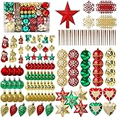 Garma Christmas Balls Ornaments Set, 145Pcs Christmas Tree Garland Red Green Gold Shatterproof Plastic Decorative Baubles for Xmas Tree Hanging Balls Decorations Kit for Holiday Party Seasonal Decor