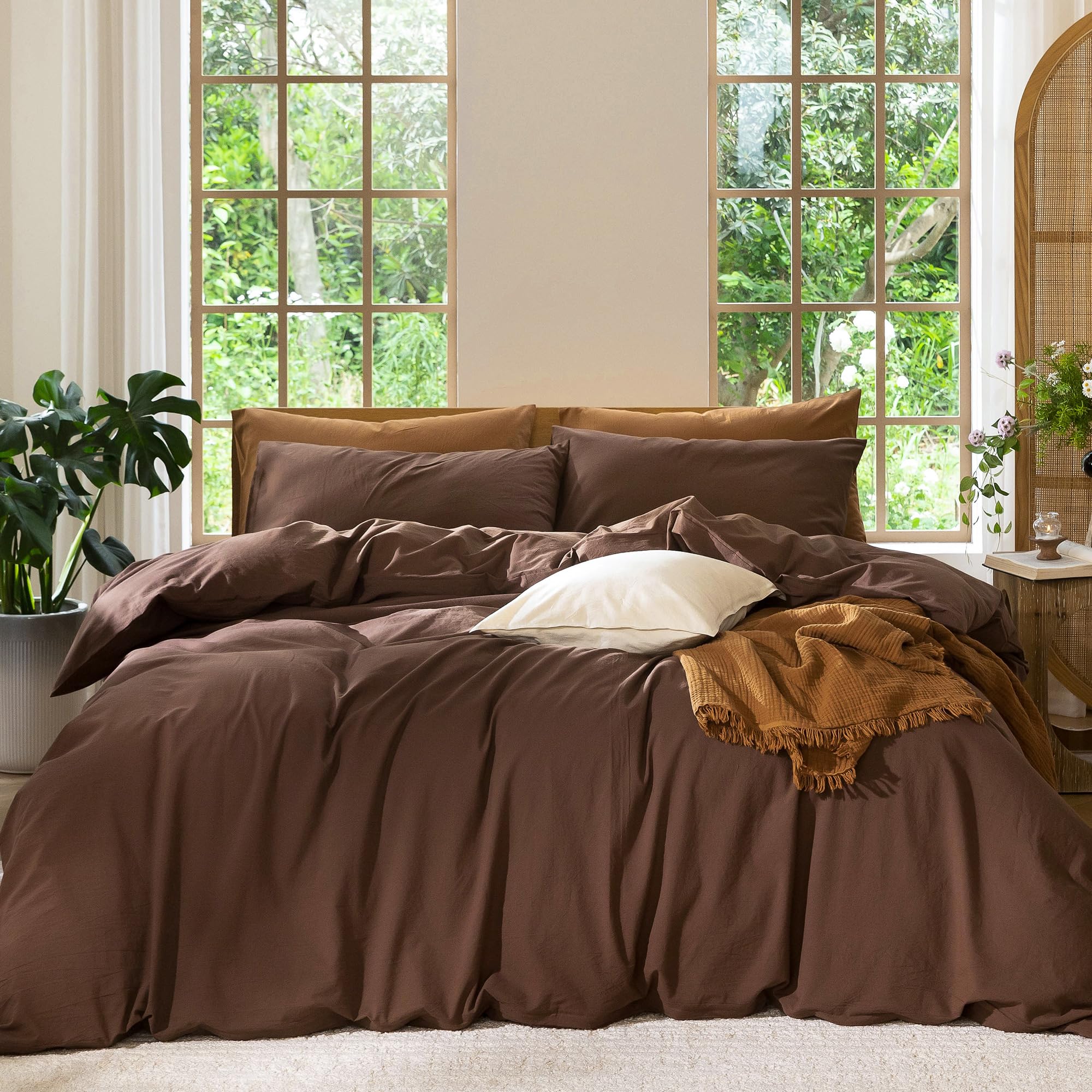 Photo 1 of MooMee Bedding Duvet Cover Set 100% Washed Cotton Linen Like Textured Breathable Durable Soft Comfy (Solid Cocoa Brown, King 104"x90")