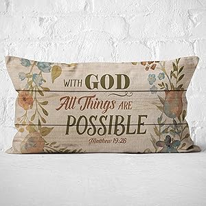 With God All Things are Possible Throw Pillow Case, Christian Decor, Christian Gift, Church Gifts, Christian Gifts for Women, 20 x 12 Inch Linen Cushion Cover for Sofa Couch Bed, Matthew 19:26
