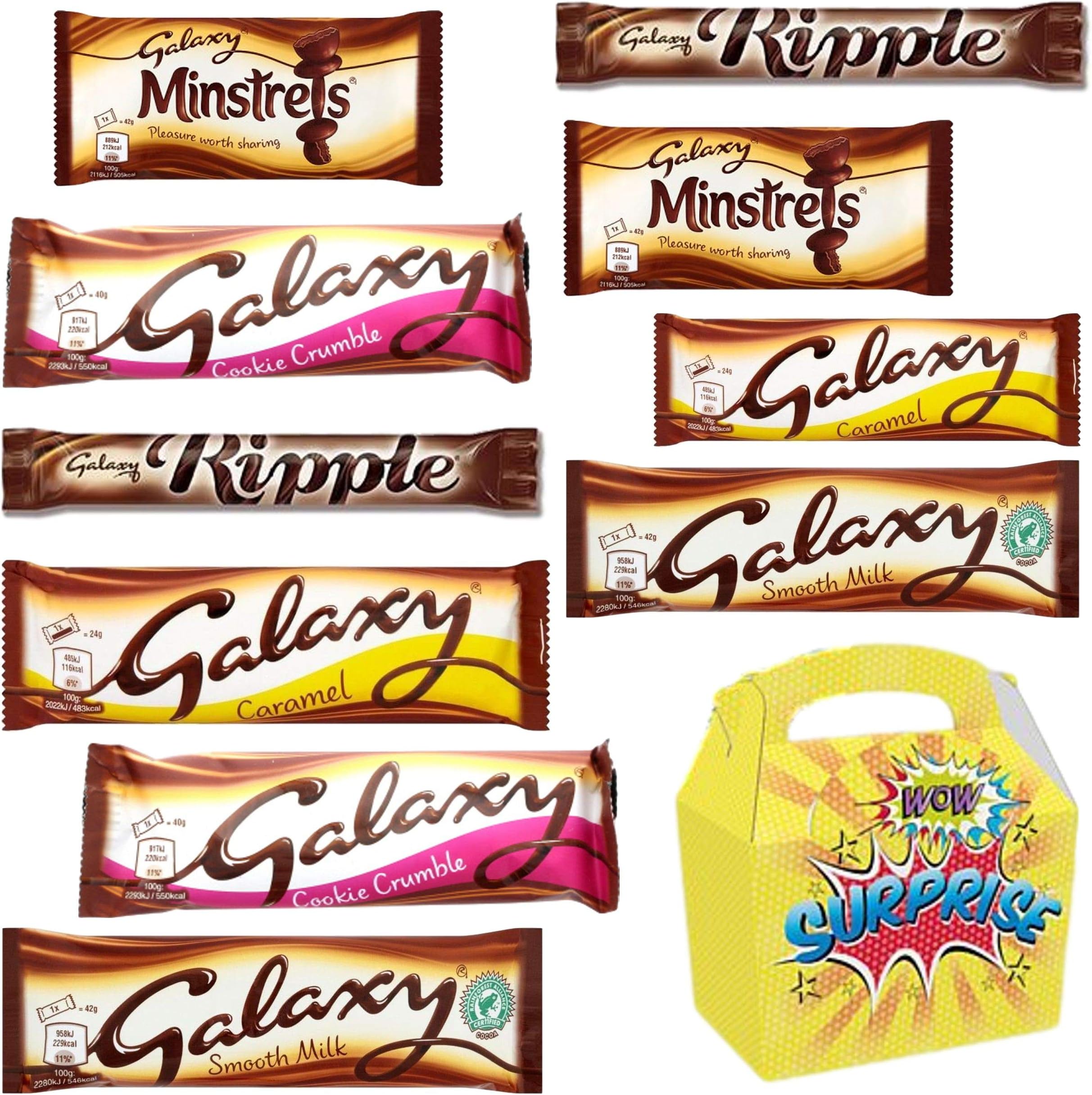 Galaxy Selection Box - 10 Full Size Chocolate - Galaxy Caramel x2, Galaxy Cookie Crumble Bar x2, Galaxy Minstrels x2, Galaxy Ripple x2 & Galaxy Chocolate Bar x2 in a Surprise Candy Gift Box.