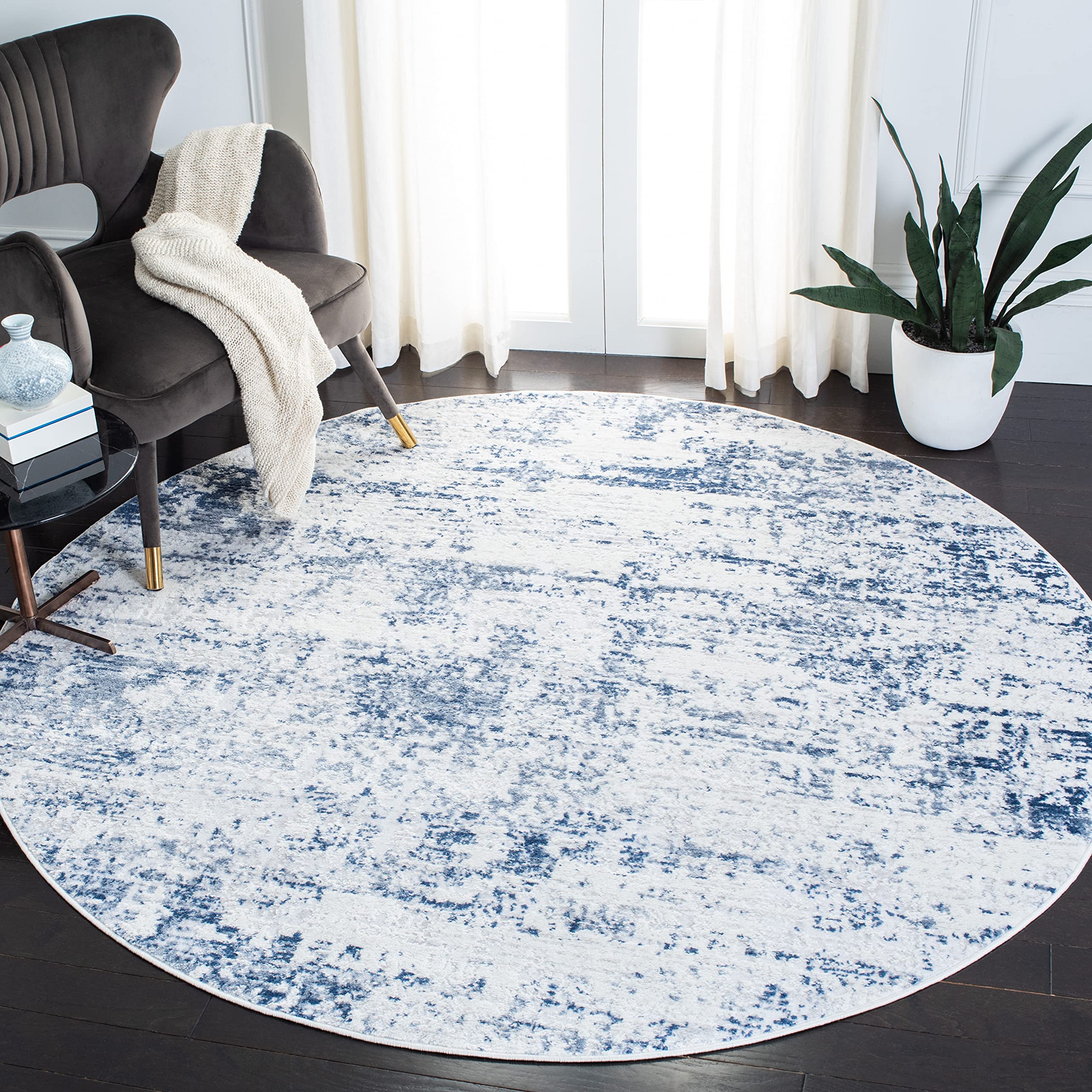 Safavieh Modern Rug for Living Room Dining Room Bedroom - Amelia Collection Short Pile Ivory and Blue 3 ft x 3 ft