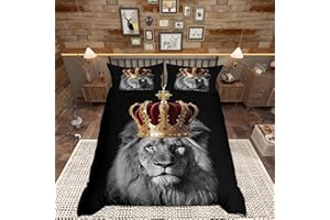 Homewish Wild Lion Kids Bedding Set King Size,Golden King Crown 3D Wildlife Comforter Cover with 2 Pillowcases (No Comforter),African Tropical Animal Print Black Duvet Cover Set Polyester Quilt Cover
