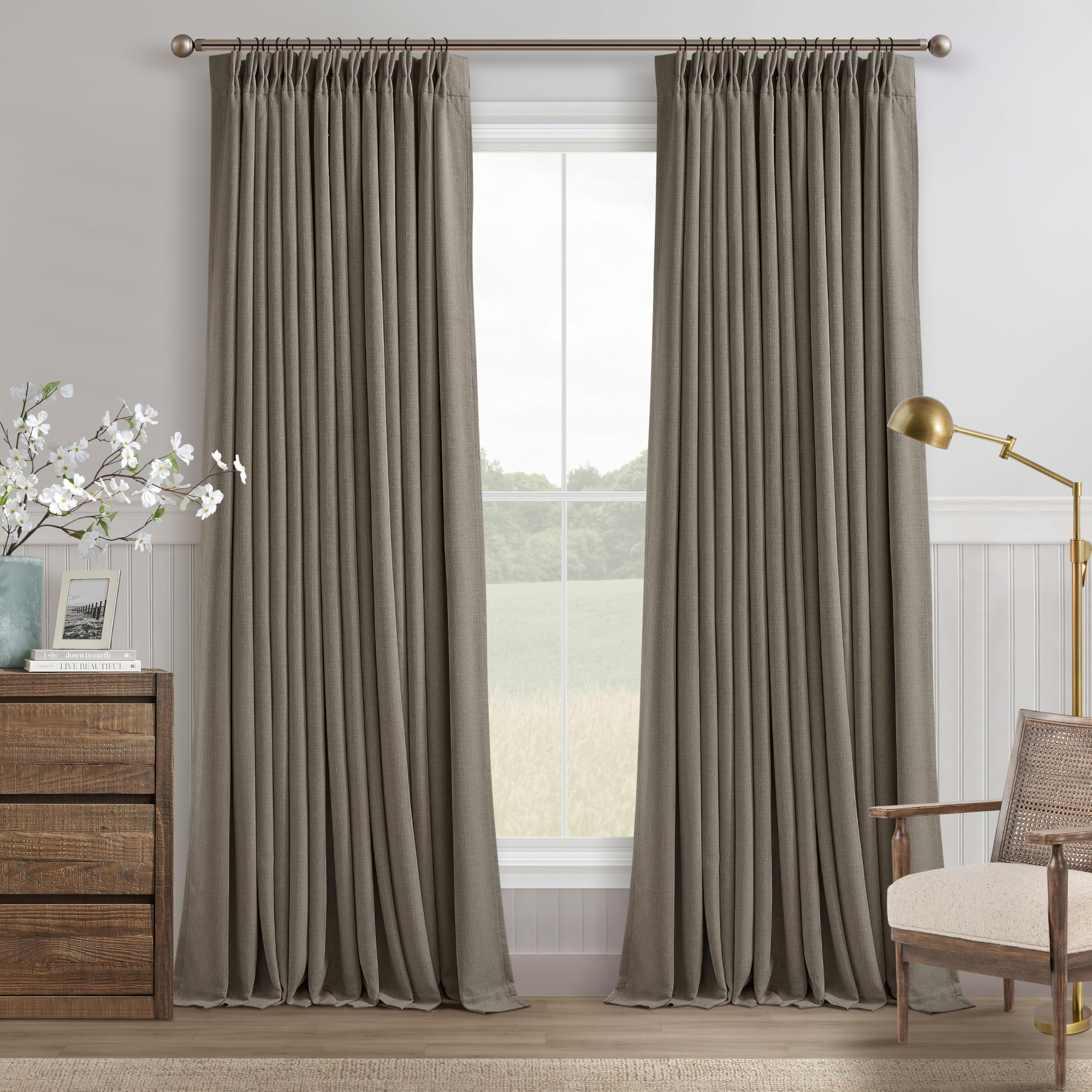 Photo 1 of Flax Taupe Pinch Pleated Blackout Curtains 102 Inches Long for Bedroom 100% Black Out Thick Linen Dual Layer Pleated Drapes Farmhouse Country Brownish Gray 102 Inch Curtain for Dining Living Room