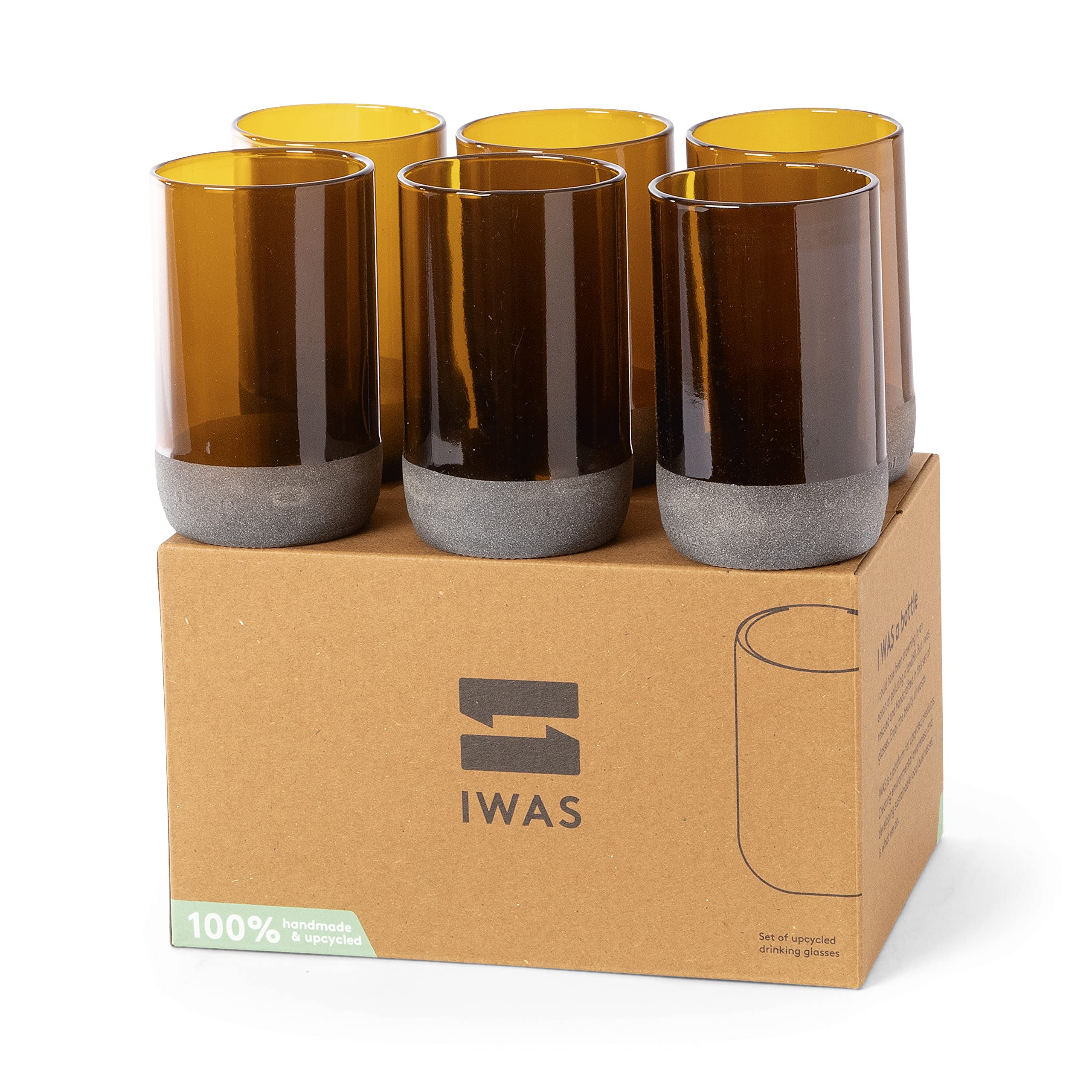 IWAS Upcycled Tall Auburn Drinking Glasses | 350 ML | 12 OZ | Set of 6 | Sustainable Water and Cocktail Glasses | Environmentally Friendly Light Brown Glasses | Recycled Glass Tumblers