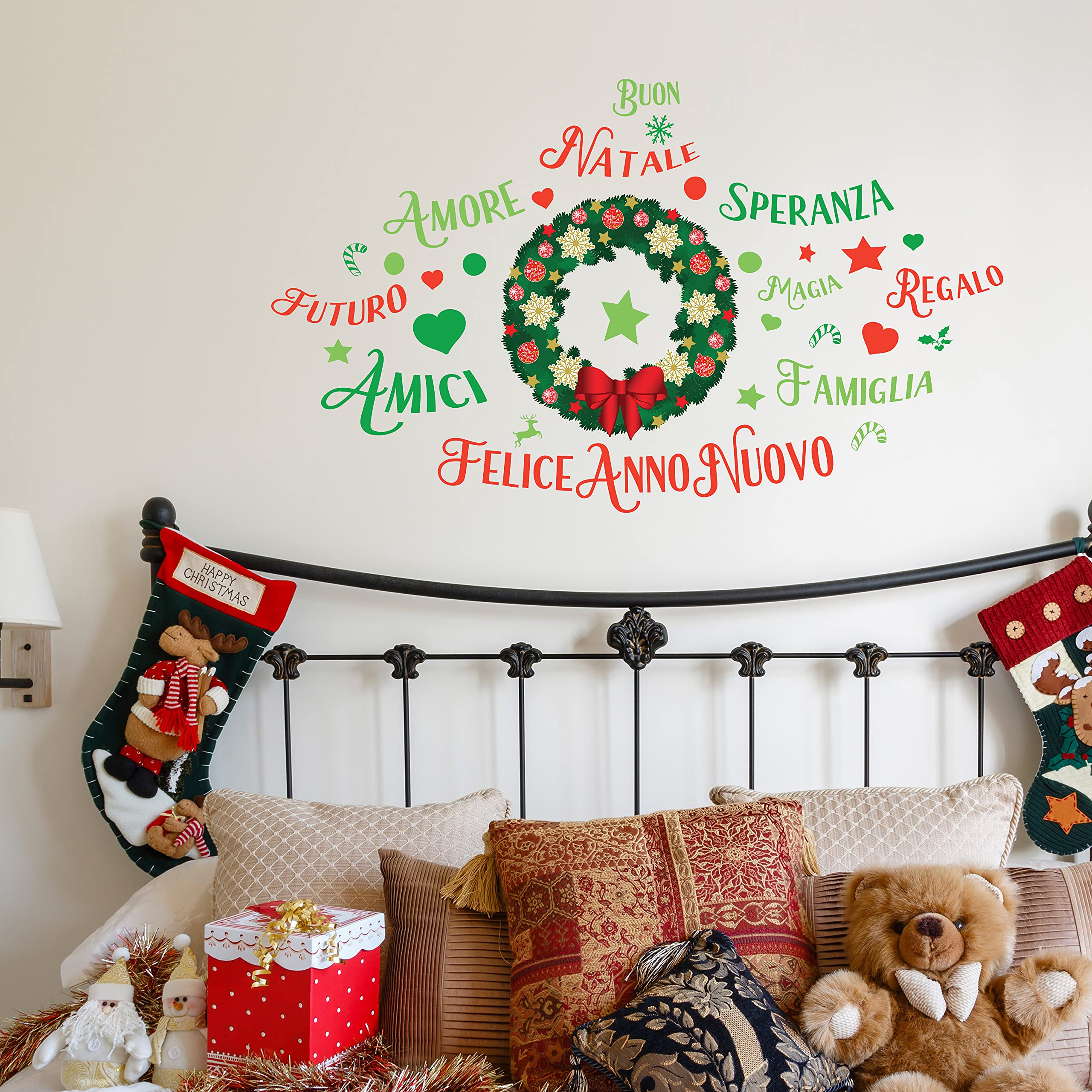 Wallflexi Christmas Decorations Wall Stickers " Christmas Garland with Italian Quotes " Wall Murals Decals living Room Children Nursery School Restaurant Cafe Hotel Home Office Décor, multicolour