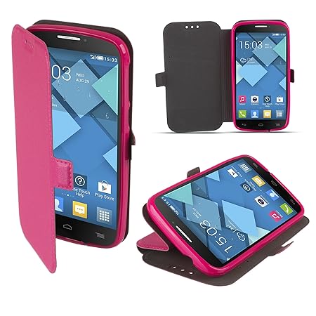 Moozy Hülle Flip Case für Alcatel C7 One Touch 7041D, Rosa - Dünne Glitzer Handy Klapphülle Shine Book mit Stand