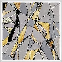 SIGNWIN Framed Canvas Wall Art Gray, Gold, Black Lines and Color Blocks Abstract Brushstroke Oil Painting Modern Art Chic Expressive for Living Room, Bedroom, Office - 16x16 inches