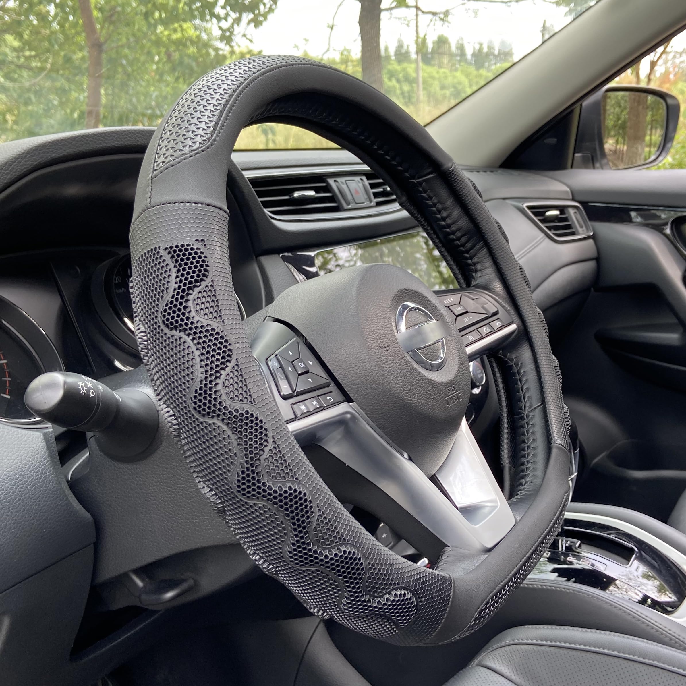 Photo 1 of PINCTROT D Shaped 14 Inch Small Sized Steering Wheel Cover Great Grip with 3D Honeycomb Anti-Slip Design, Flat Bottom 14 Inch (All Black)