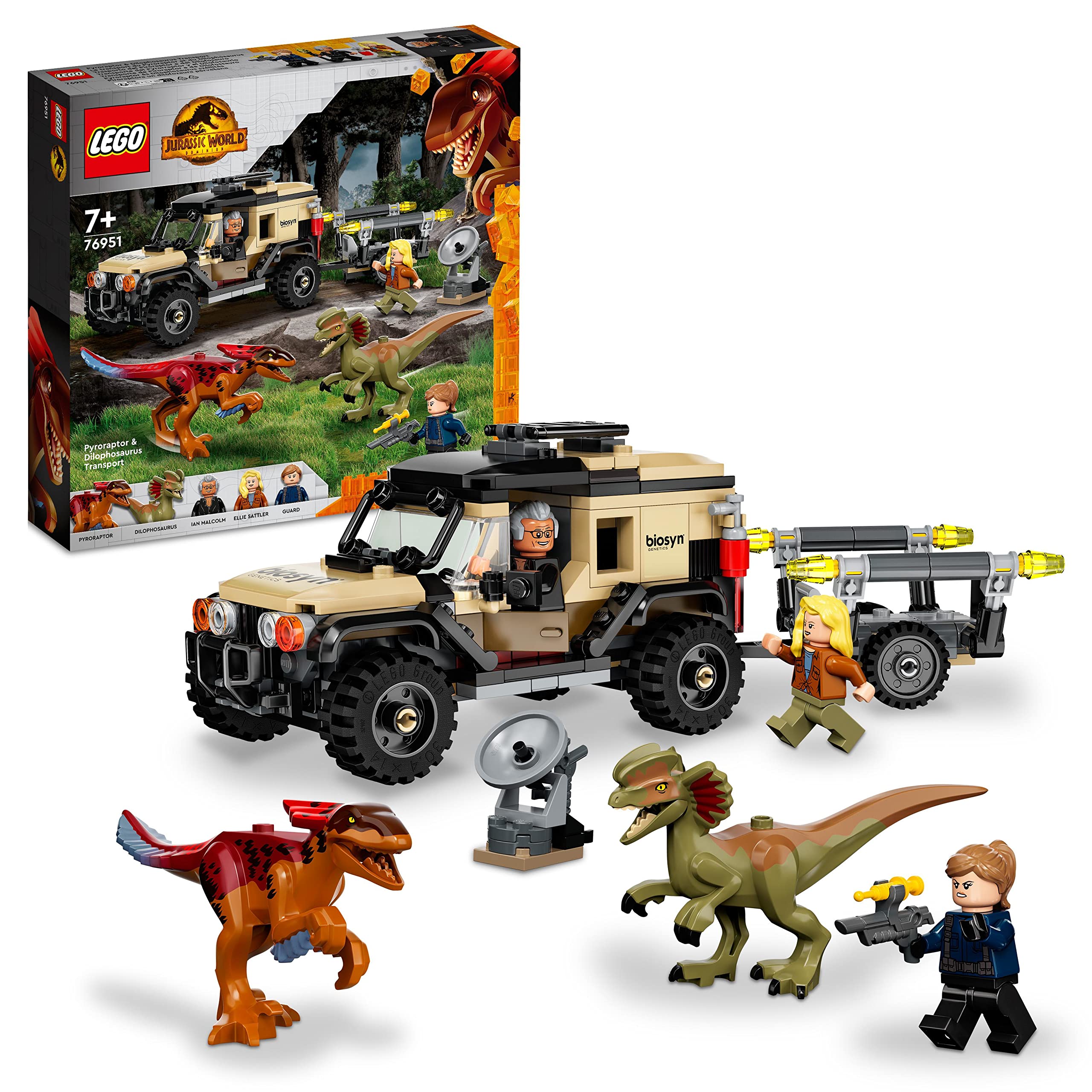 LEGO Jurassic World Pyroraptor & Dilophosaurus Transport Playset, Dinosaur Toys for Kids, Boys & Girls Aged 7 Plus Years Old with 3 Minifigures, 2 Dino Figures and Off Roader Truck Toy 76951