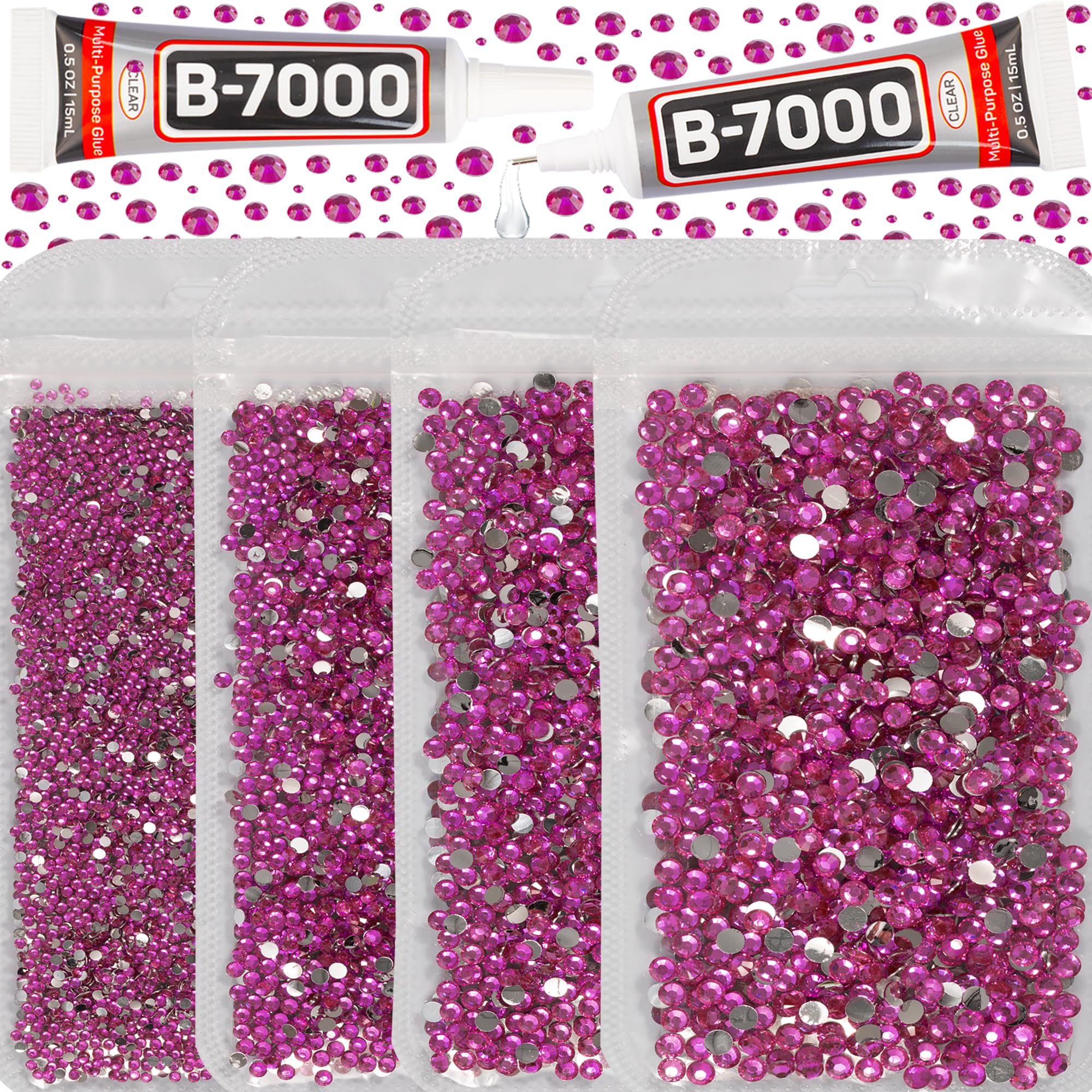 Photo 1 of 30200Pcs Hot Pink Resin Rhinestones Flatback with b 7000 Glue for Crafts Clothing Clothes Fabric Shoes Tumblers, Flat Back Gems Crystals Diamonds Bulk, Jewels 2-5mm for Sneakers Tshirt