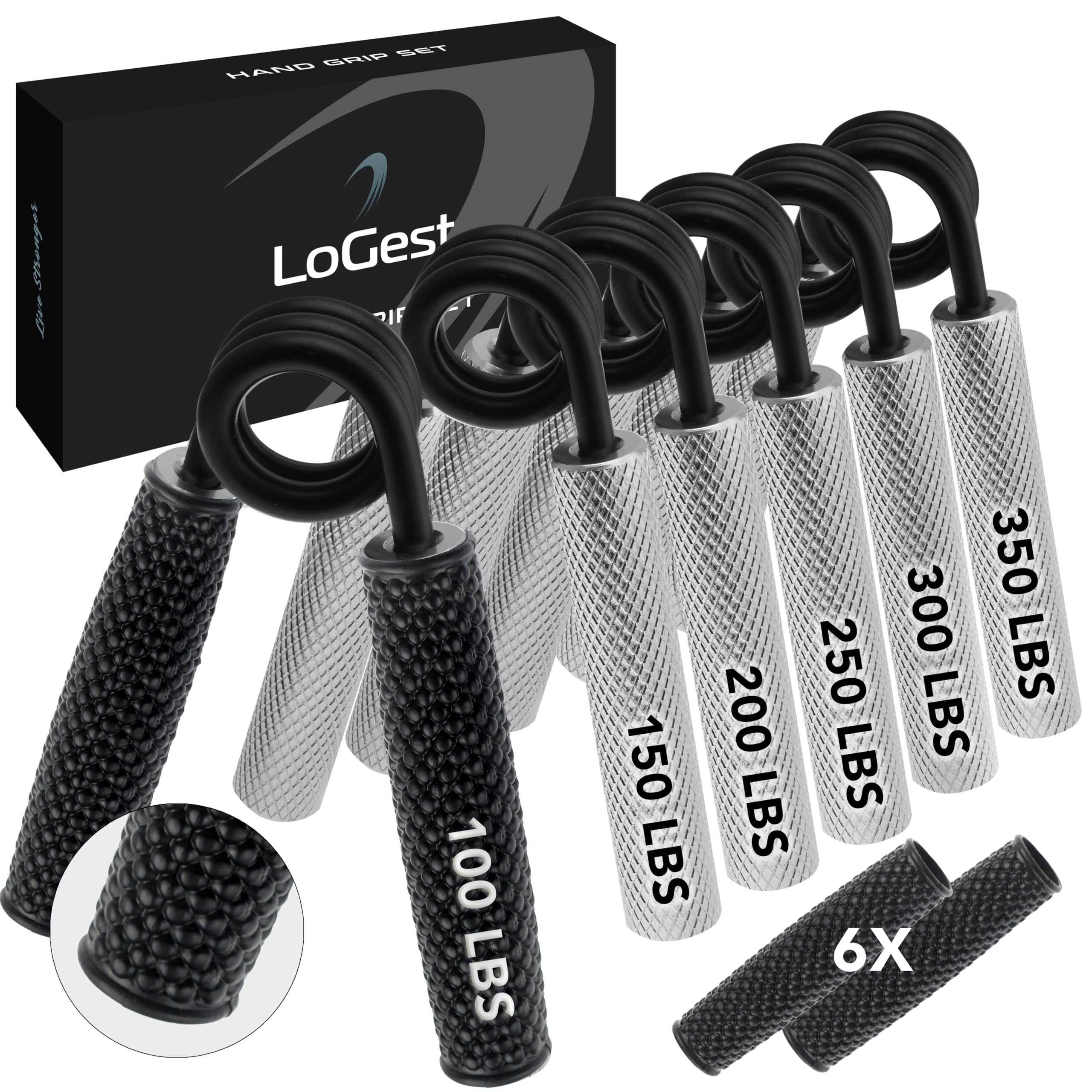 Logest Metal Hand Grip Set, 100LB-350LB 6 Pack No Slip Heavy-Duty Grip Strengthener with Gift Box, Great Wrist & Forearm Hand Exerciser, Home Gym, Hand Gripper Grip Strength Trainer