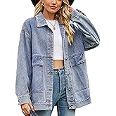 HangNiFang Aztec Denim Jacket Shacket for Women Button Down Vintage Distressed Blue Jean Jacket
