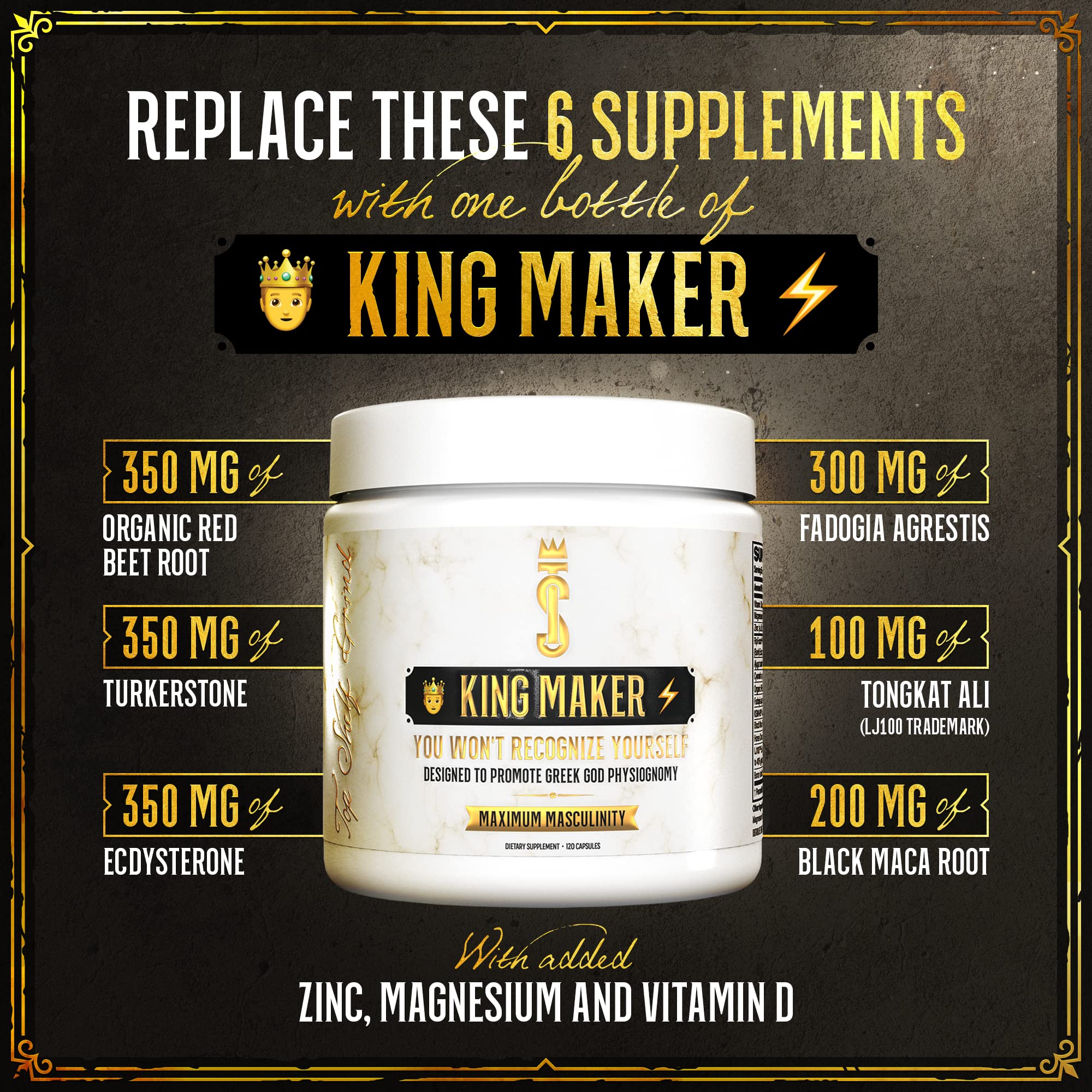 King Maker, 13-in-1 Anabolic Supplement for Men to Increase Stamina, Lean Muscle Growth & Recovery, N.O. Booster with Tongkat Ali (LJ100), 120 Capsules
