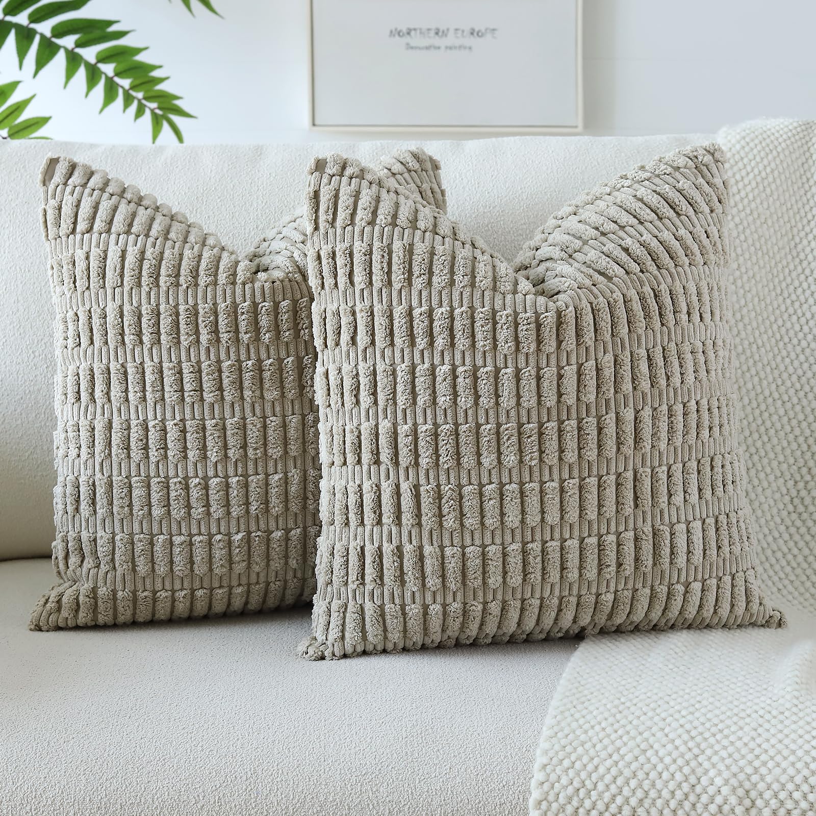 JOTOM Set of 2 Corduroy Soft Striped Cushion Covers 45x45 cm Decorative Throw Pillow Covers Square Cushion Case Home Boho Decor Pillow Cases for Couch Sofa Bedroom 18x18 Inch (Taupe) — image 1