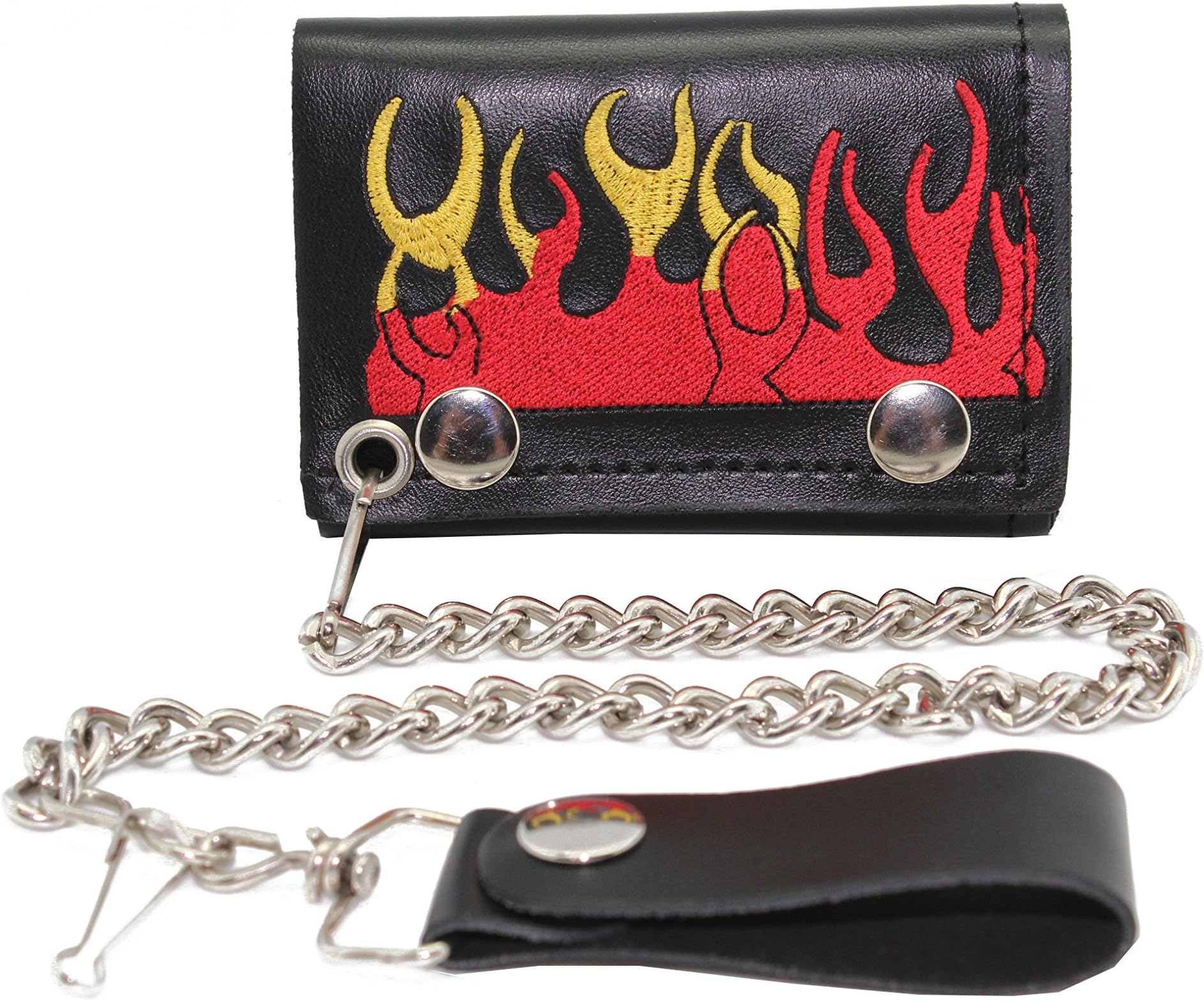 Men's Cruiser Biker Leather Ti-Fold Chain Wallet Trucker Flame Embroidery (Black Flame with Chain)