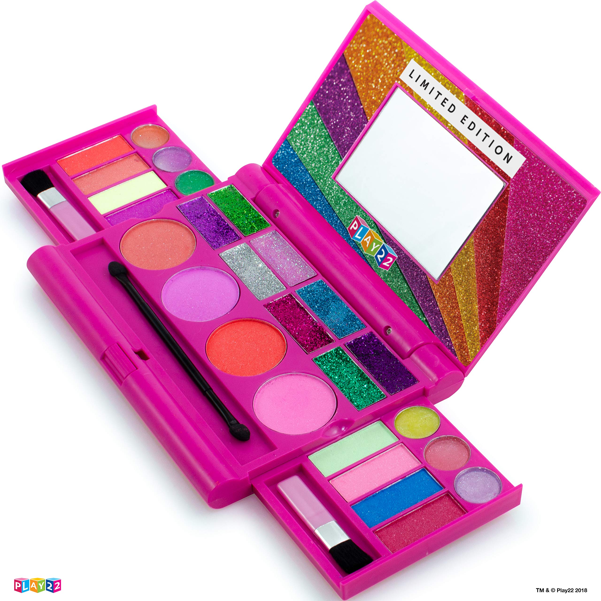 Play22 Real Washable Kids Makeup Palette For Girl - My First Princess Make Up Set Include 4 Blushes, 8 Eyeshadows, 6 Lip Glosses, 8 Glitter Glaze, Mirror, Brushes, Eyeshadow Wand - Best Gift