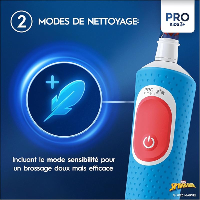 Brosse à Dents Electrique Pro Kids, Embout Spider-Man, Bleu et Rouge