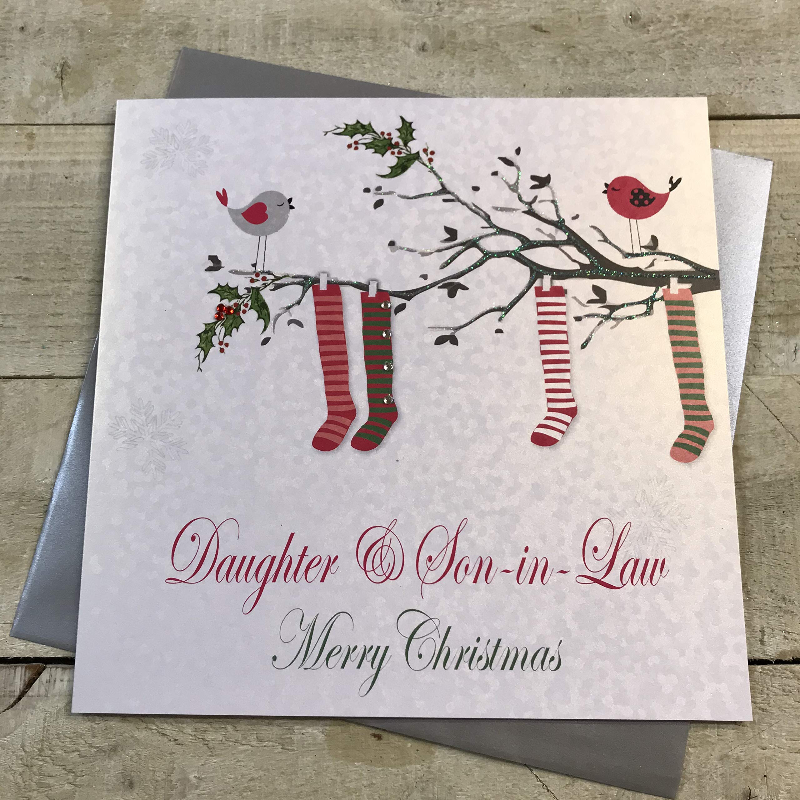 White Cotton Cards Daughter & Son-in-Law Merry, Handmade Large Christmas Card. Stockings (Code xx14-82)