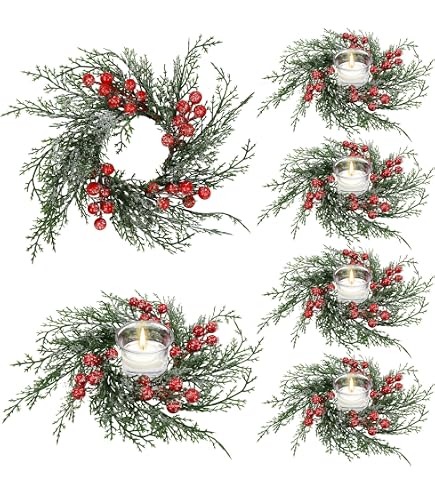 4-Pack Glitter Red Heart & Berry Candle Wreath Rings - 10" Diameter, For Valentine's Day, Weddings, Table Centerpieces - View #3