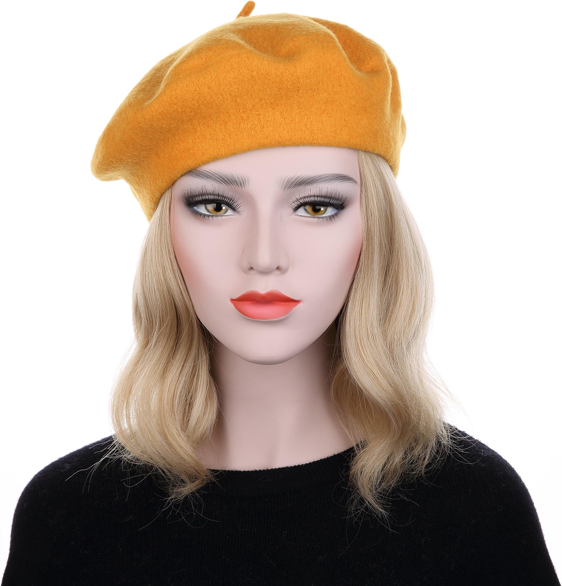JYbetsy French Style Classic Solid Color 100% Wool Beret Beanies Cap Hats (Yellow)