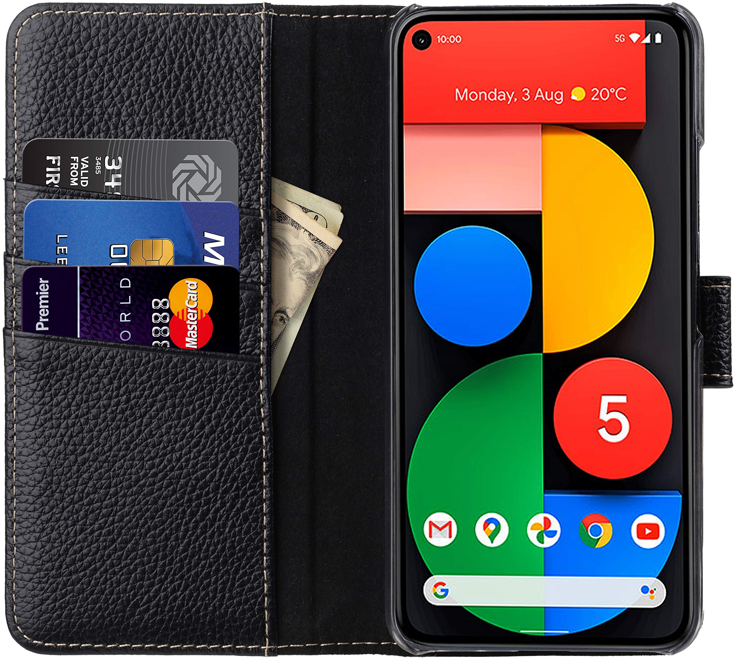 StilGut Wallet Case for Google Pixel 5, Genuine Leather Google Pixel 5 case with Card Holder & Stand Function, Black