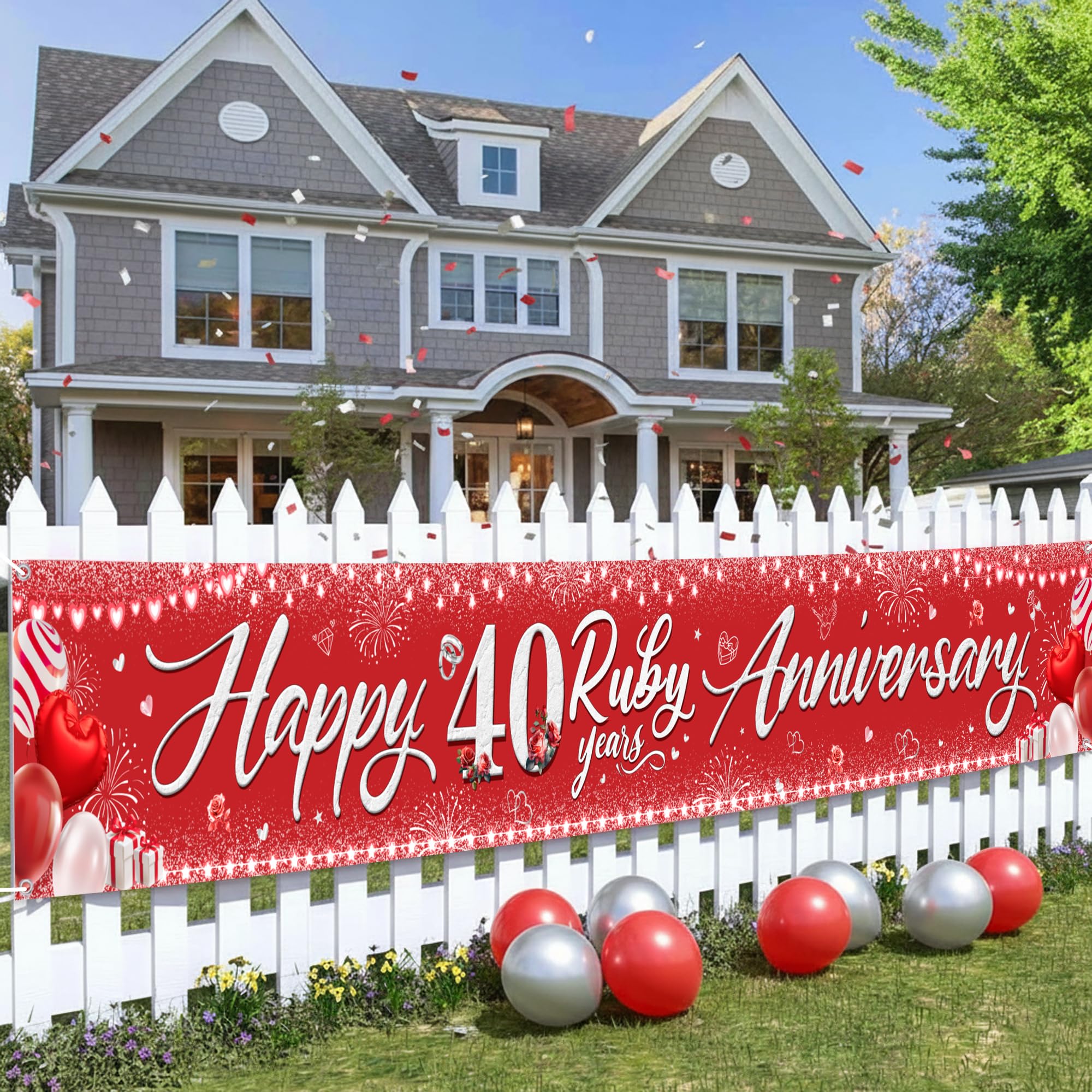 40th Wedding Anniversary Decorations Banner - Happy Ruby 40th Anniversary Yard Banners, Glitter Backdrop Party Supplies for Couples(37x274cm)