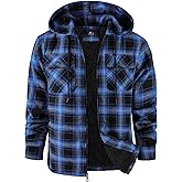 V VALANCH Men's Flannel Shirt Jacket with Hood Fleece Lined Plaid Jacket Zip Up Winter Warm Coat