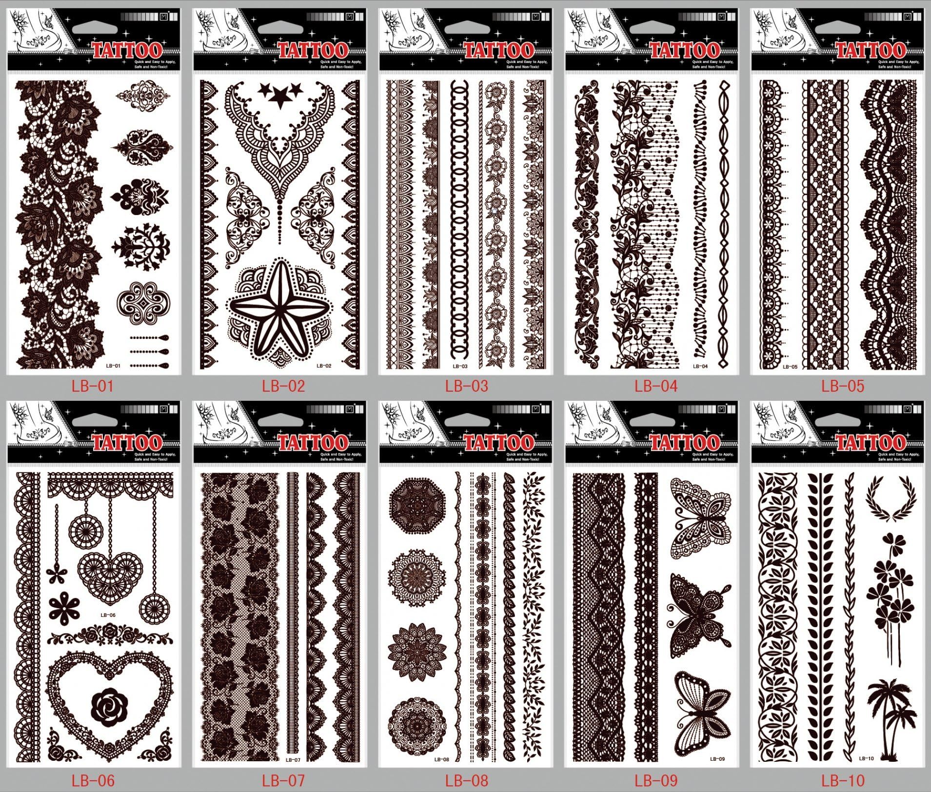 Grashine long last and realistic temp tattoo stickers 10pcs Brown Indian Tribal style Jewelry fake tattoos in a packages,including butterflies,etc.