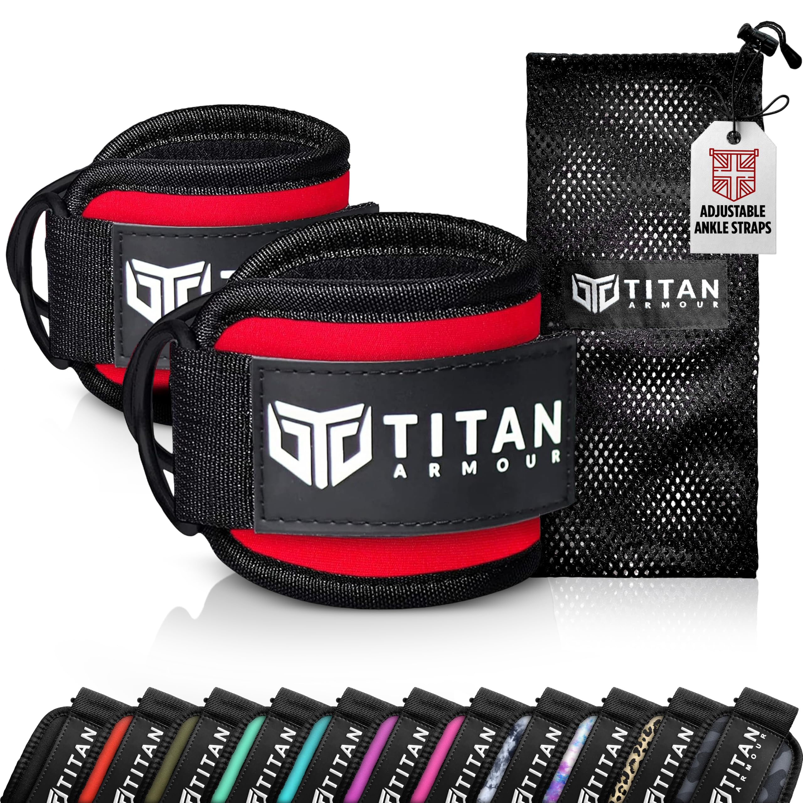 Titan Armour® Ankle Straps for Cable Machines | Gym Cuffs w/Heavy-Duty Steel Double D-Rings & Adjustable Strap | Lower Body Workouts Inc. Leg Extension, Leg Curl & Glute Kickback | Men & Women
