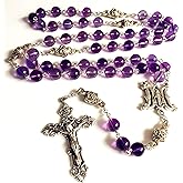 elegantmedical HANDMADE AMETHYST ROSE BEADS 5 DECADE ROSARY ITALY CROSS CRUCIFIX CATHOLIC NECKLACE BOX