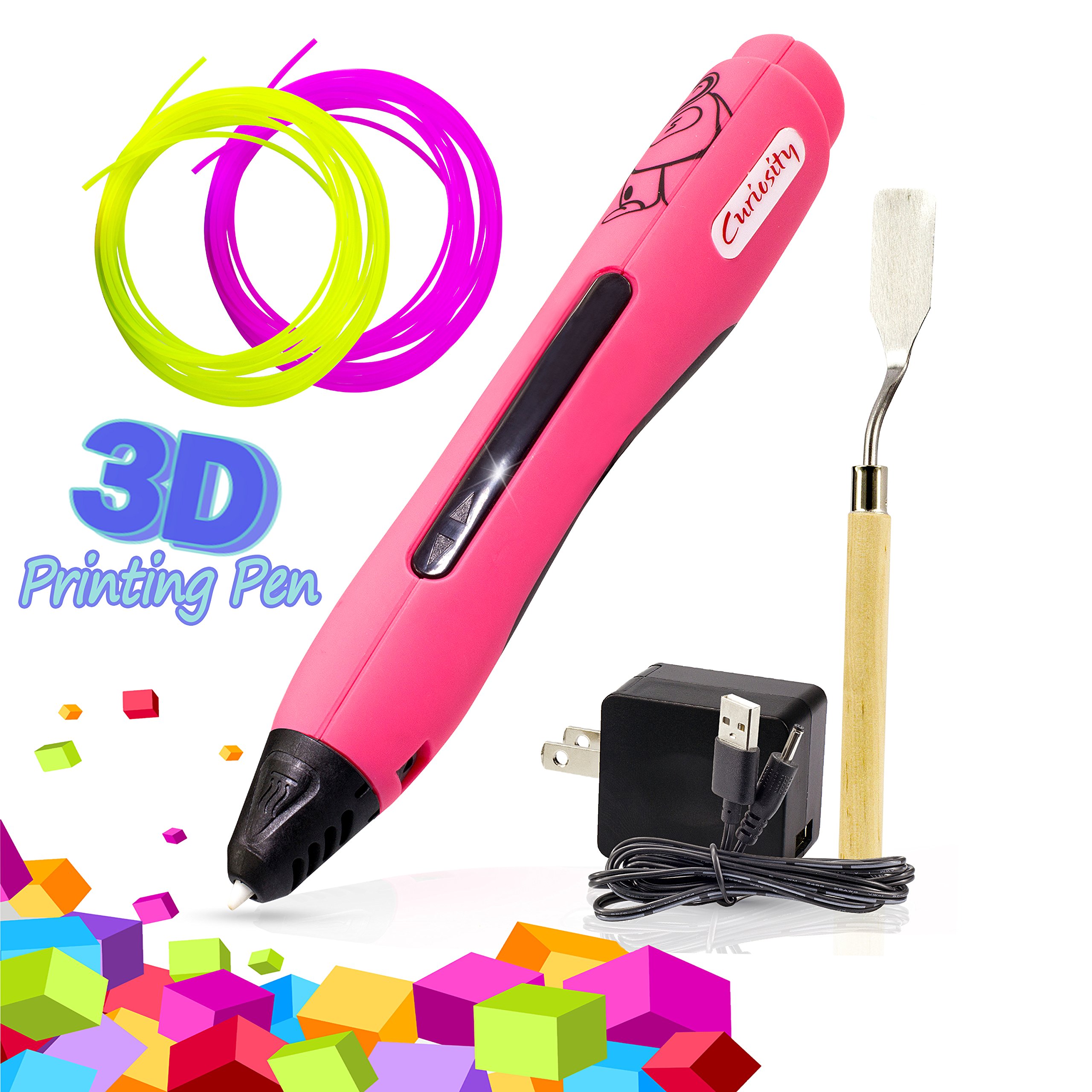 3D Printer Pen - Simple & Fun 1 Button Operation 3D Pen for Kids, Teens and Adults - Includes Two PLA Filaments, USB & BONUS Safety Shovel Tool by Curiosity