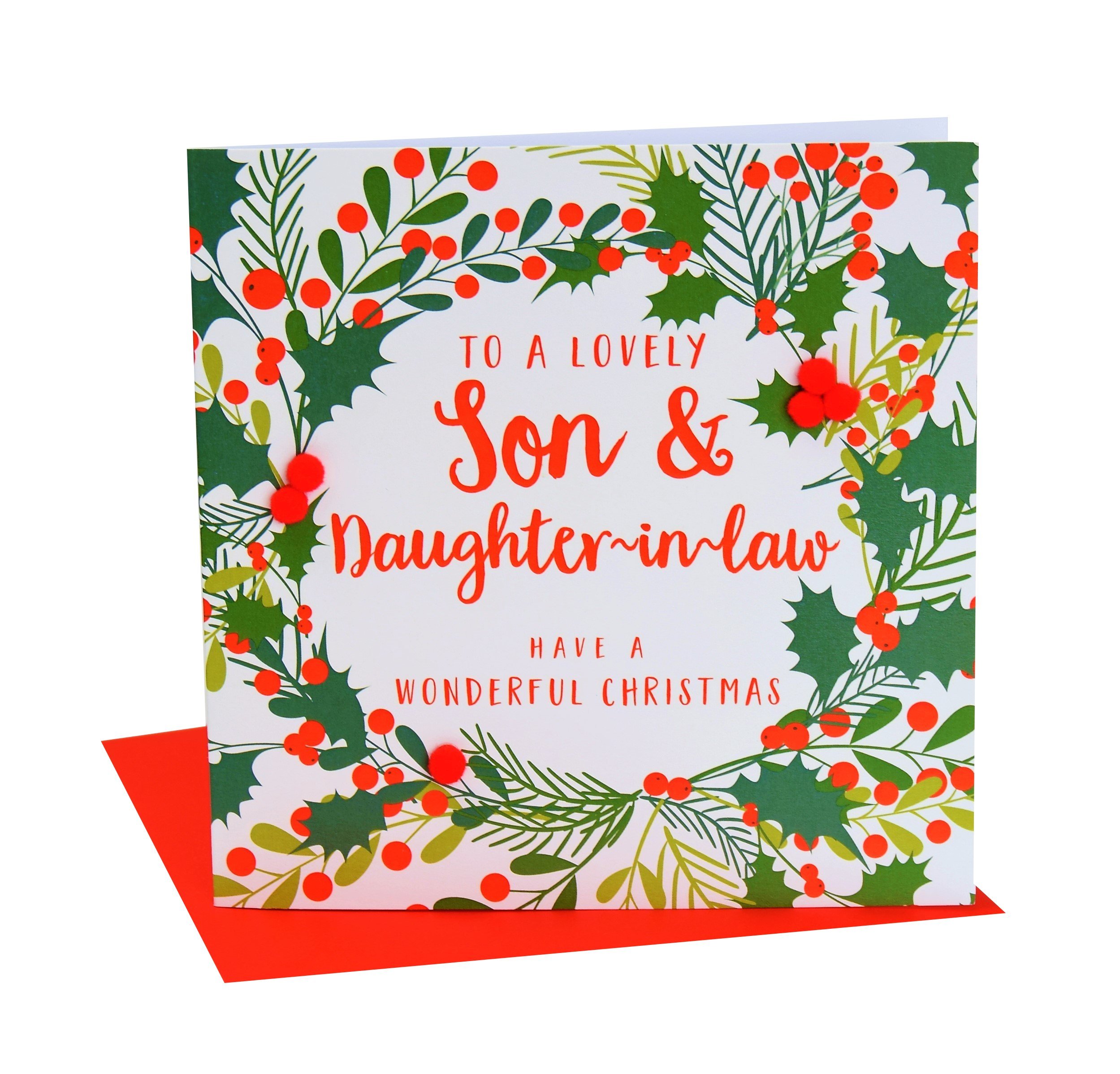Claire Giles Greeting Cards, Happy Christmas Son and daughter-in-law Card, Holly wreath design xmas Greeting Card, Embellished with Colourful Pompoms