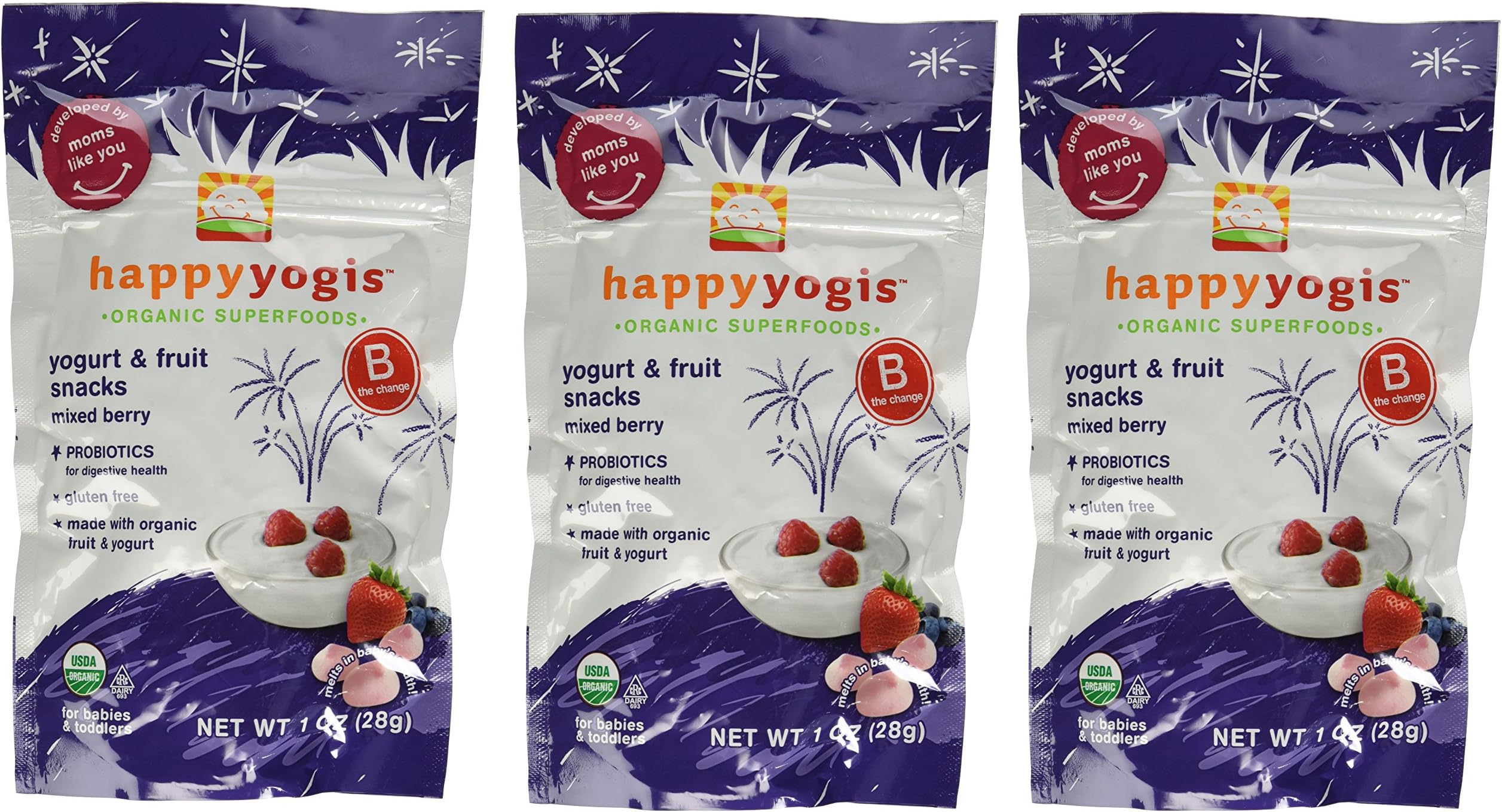 Happy Yogis Mixed Berry Organic Yogurt Snacks for Babies and Toddlers, 1 Ounce Pouches (Pack of 3)