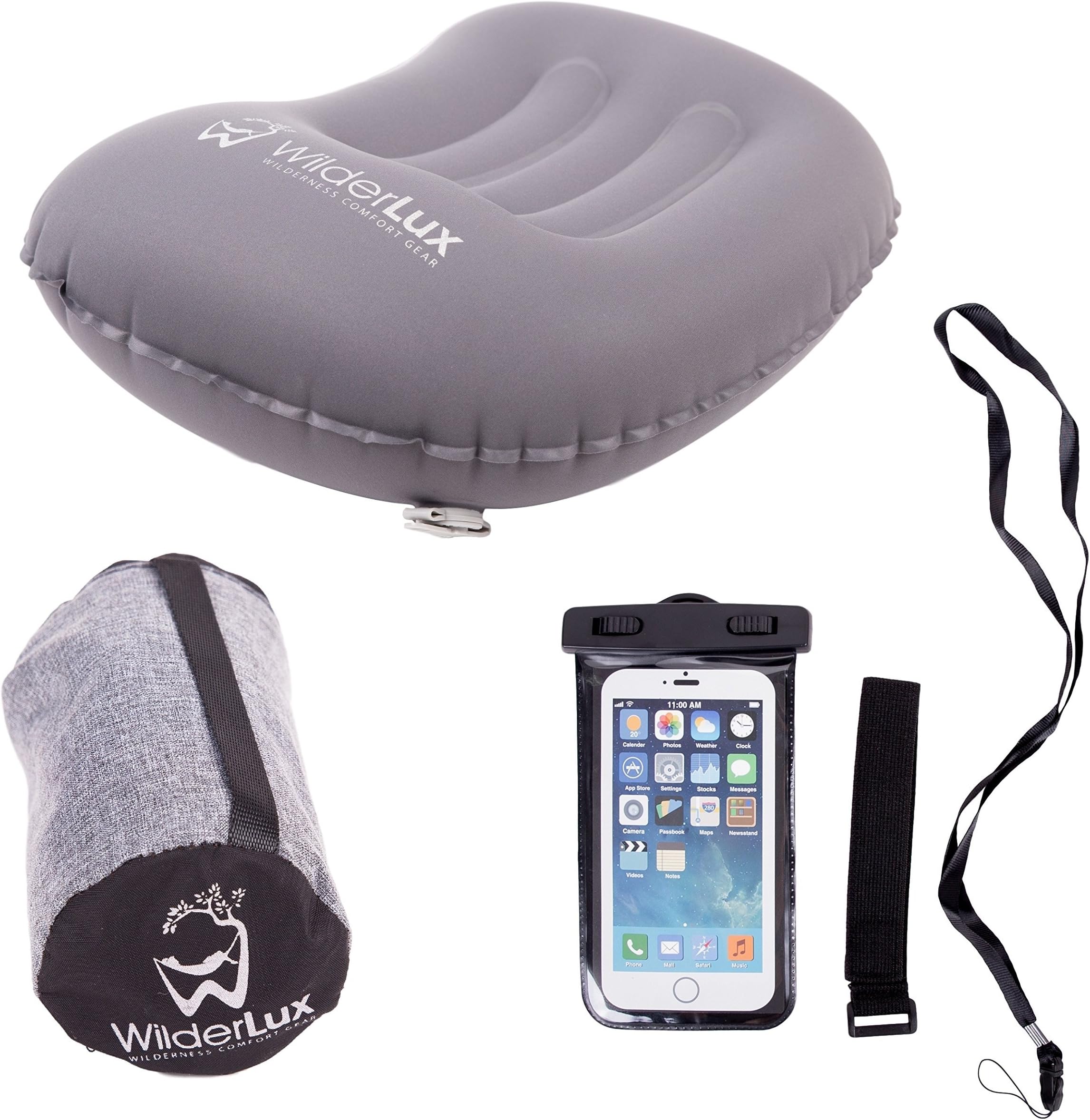 WilderLux Inflatable Camping Pillow for Travel, Neck and Lumbar Support On-The-Go with Free Waterproof Clear Phone Case