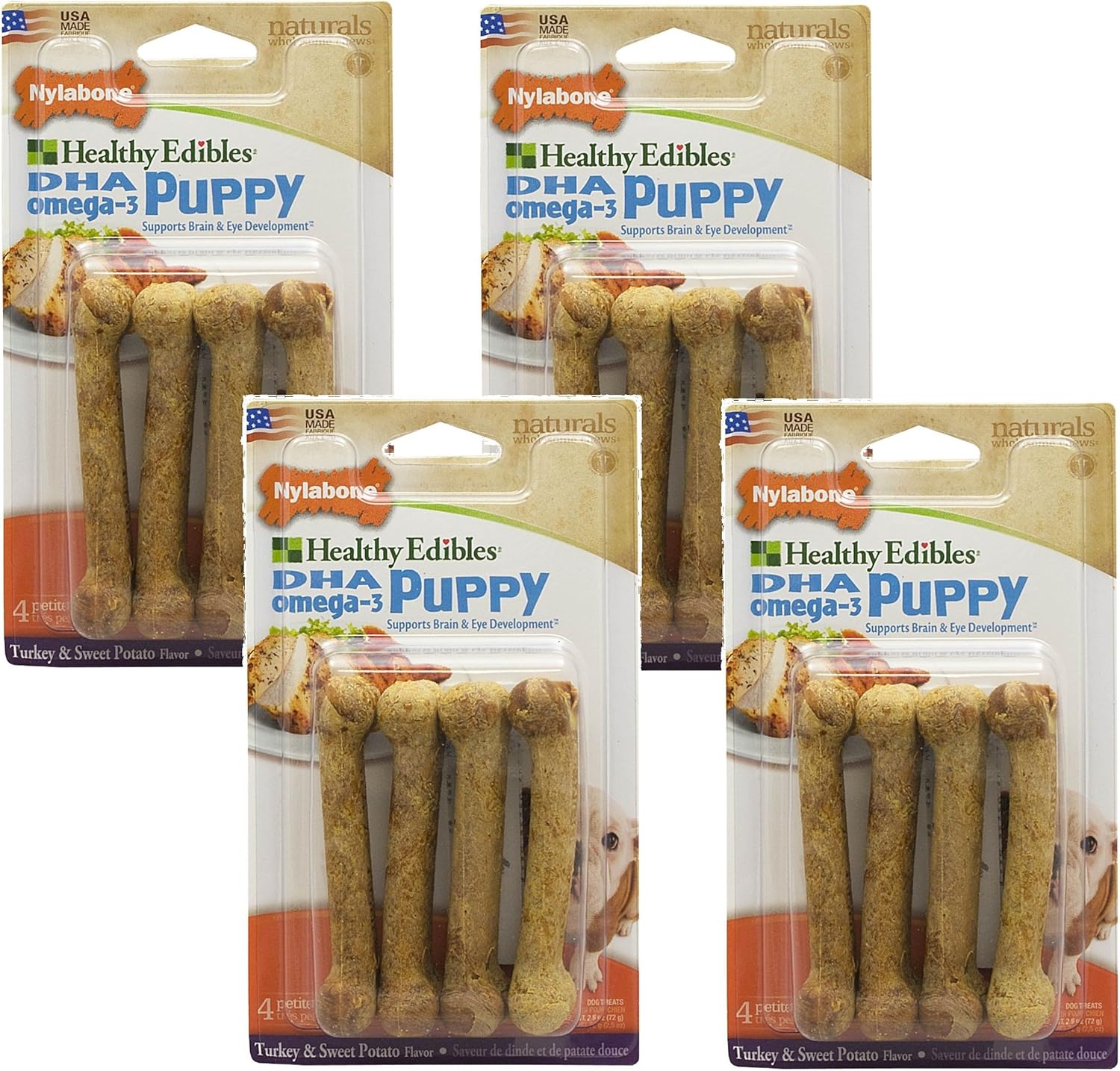 16 Count Nylabone Healthy Edibles Turkey and Sweet Potato Flavored Puppy Dog Treat Bones, Size Petite - (4 Packs with 4 per Pack)