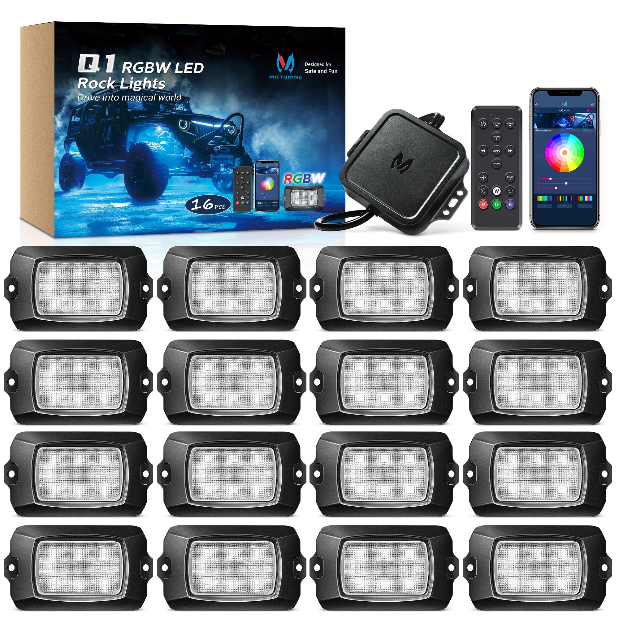 Photo 1 of MICTUNING Q1 RGBW Rock Lights, 16 Pods Pure Color Underglow Neon Multicolor Lighting with Wiring Switch Kit, Bluetooth Controller, Remote Control, Music Mode for Trucks Car ATV UTV Golf Cart