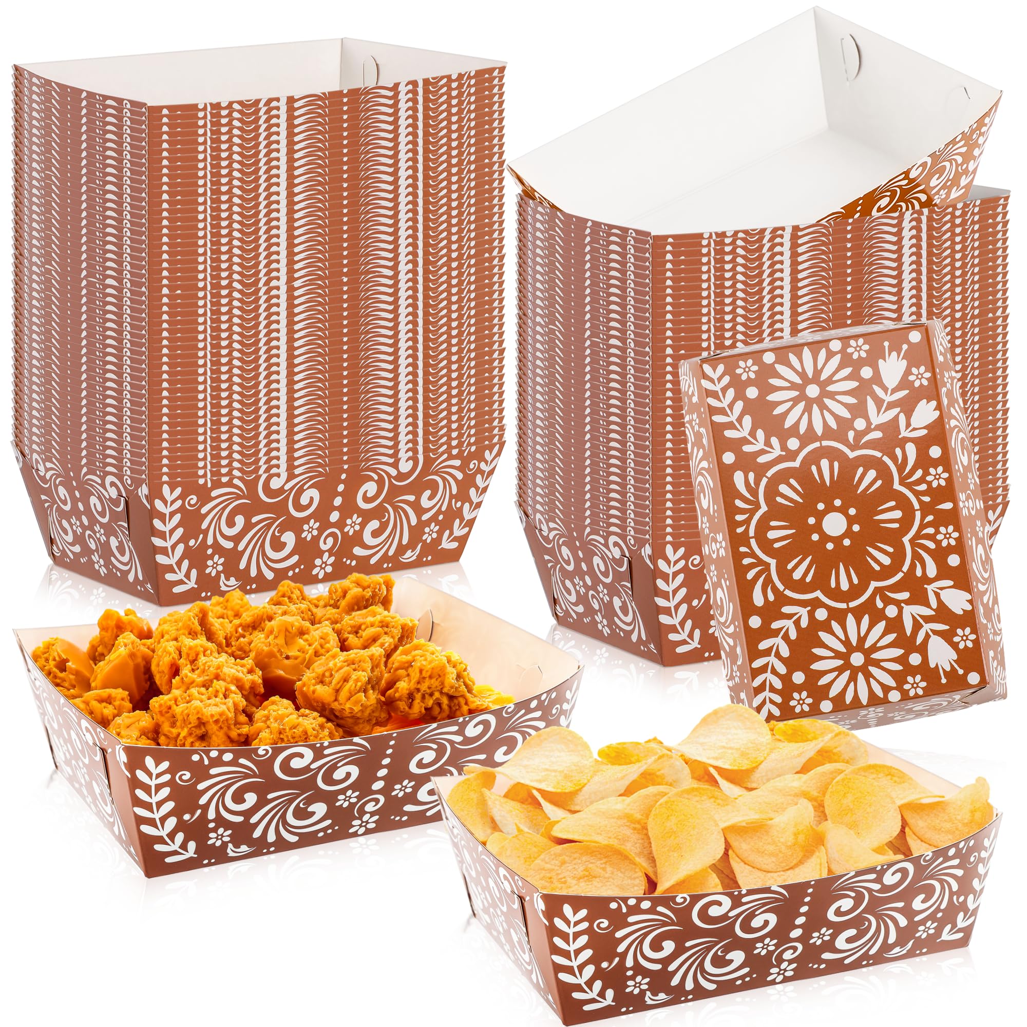Photo 1 of 100 Pcs Mexican Snack Trays Cielito Lindo Party Decoration Platos De Barro Mexicanos Taco Boats Fiesta Decor for Mexican Party Supplies Cinco De Mayo Favor(White Flower Rings)