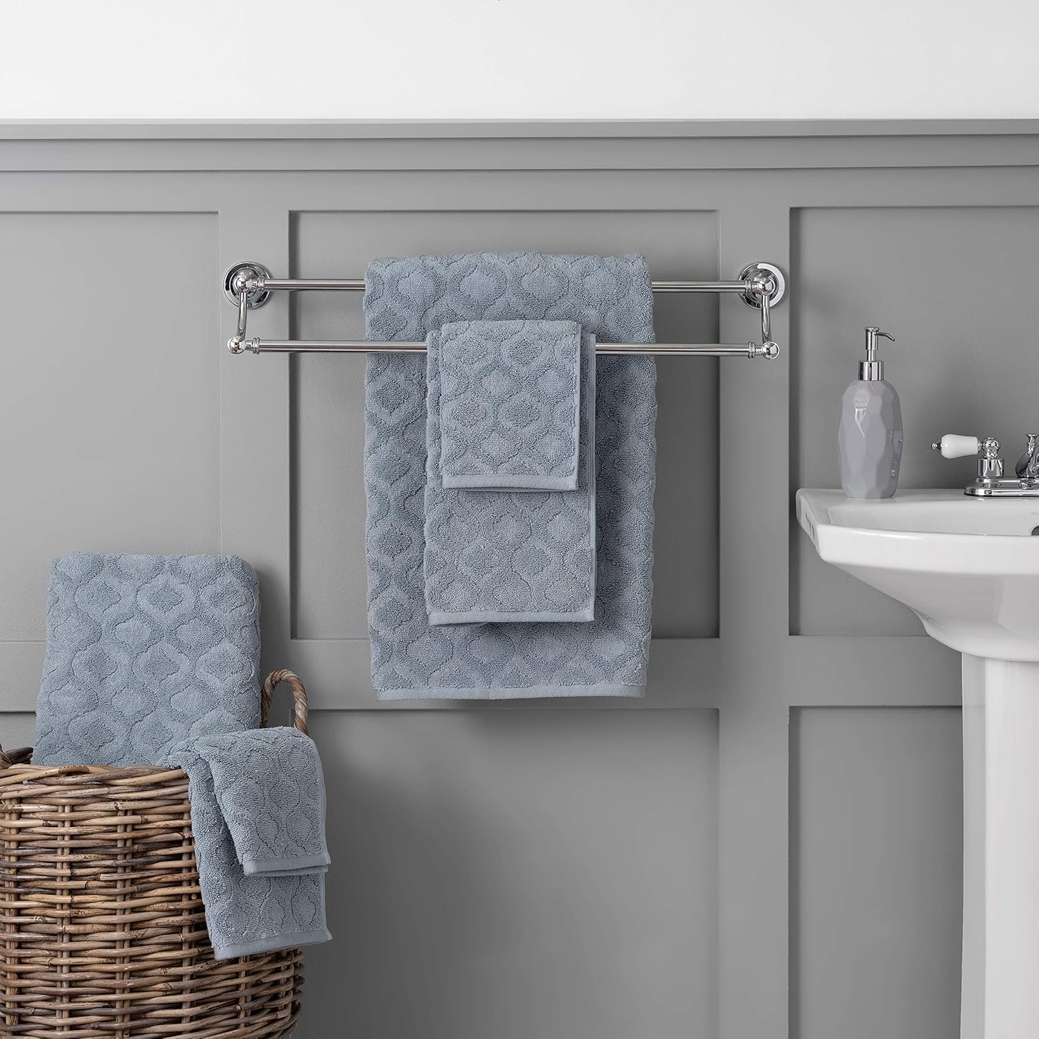 Welhome Athena Cotton Poly Textured Towel - Set of 6 (Dusty Blue) - Luxurious - Highly Absorbent - Soft - Durable - 600 GSM - Machine Washable - 2 Bath - 2 Hand - 2 Wash Towels: Home & Kitchen