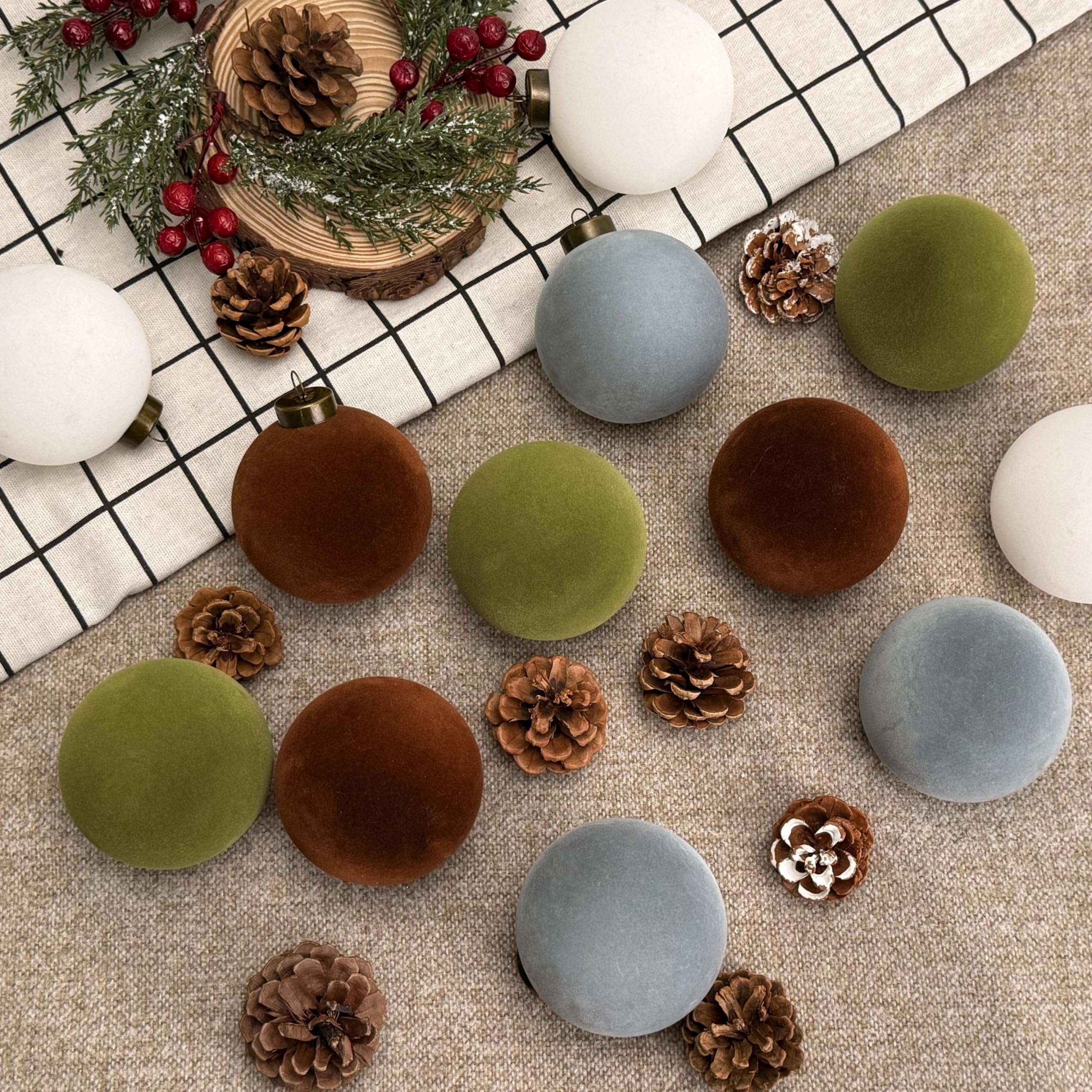 View 1 of 16 Pcs Velvet Christmas Balls, 3.15" Large Christmas Velvet Ornaments for Xmas Tree, Vintage Hanging Balls Include Green Brown Ornament, Neutral Flocked Ornaments Ball for Xmas Holiday Indoor Decor