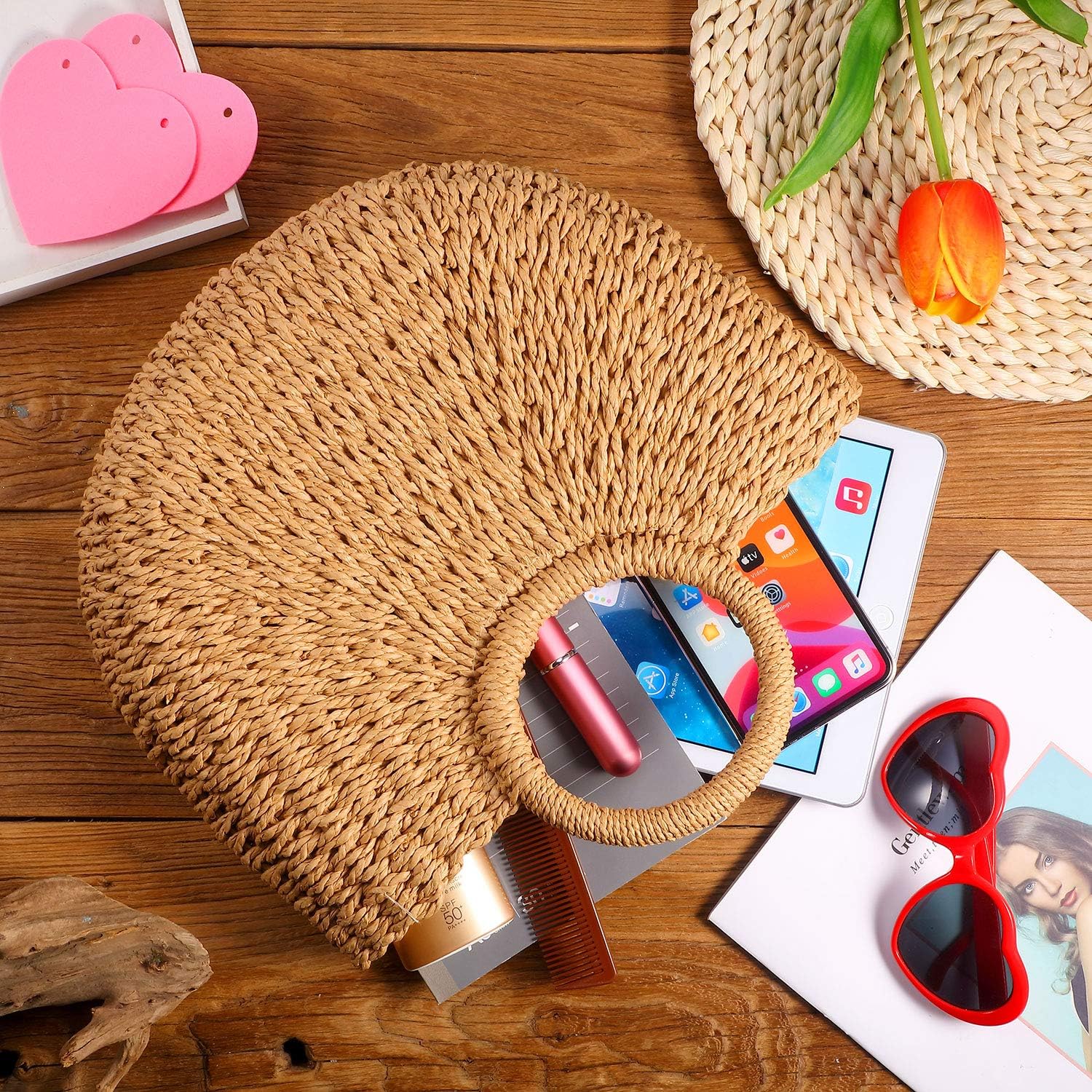 Frienda Straw Tote Bag Summer Beach Bag Handmade Straw Woven Handbag for Women Travel khaki, 12.6 x 7.87 x 8.66 Inch - Image 5