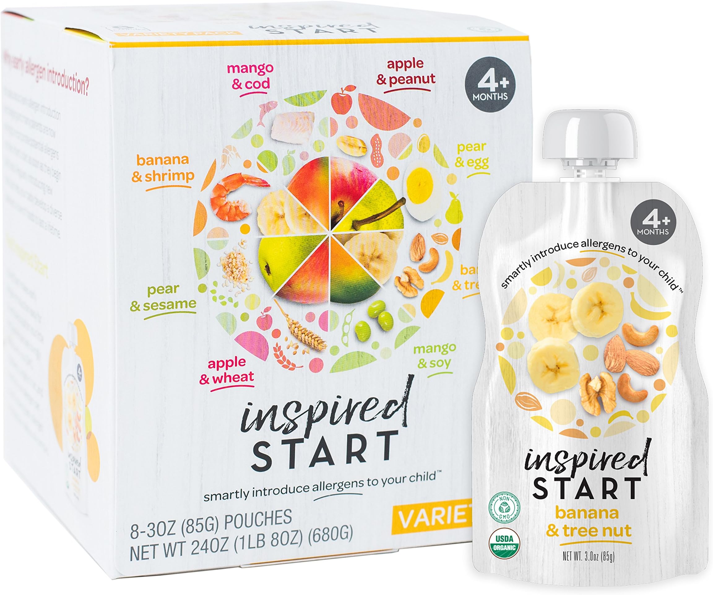 Inspired Start Early Allergen Inclusion Baby Food Variety Pack, 3 oz. (Pack of 8 Baby Food Pouches) - Non-GMO, Include Peanut, Tree nut, Soy, Sesame, Wheat, Egg, cod
