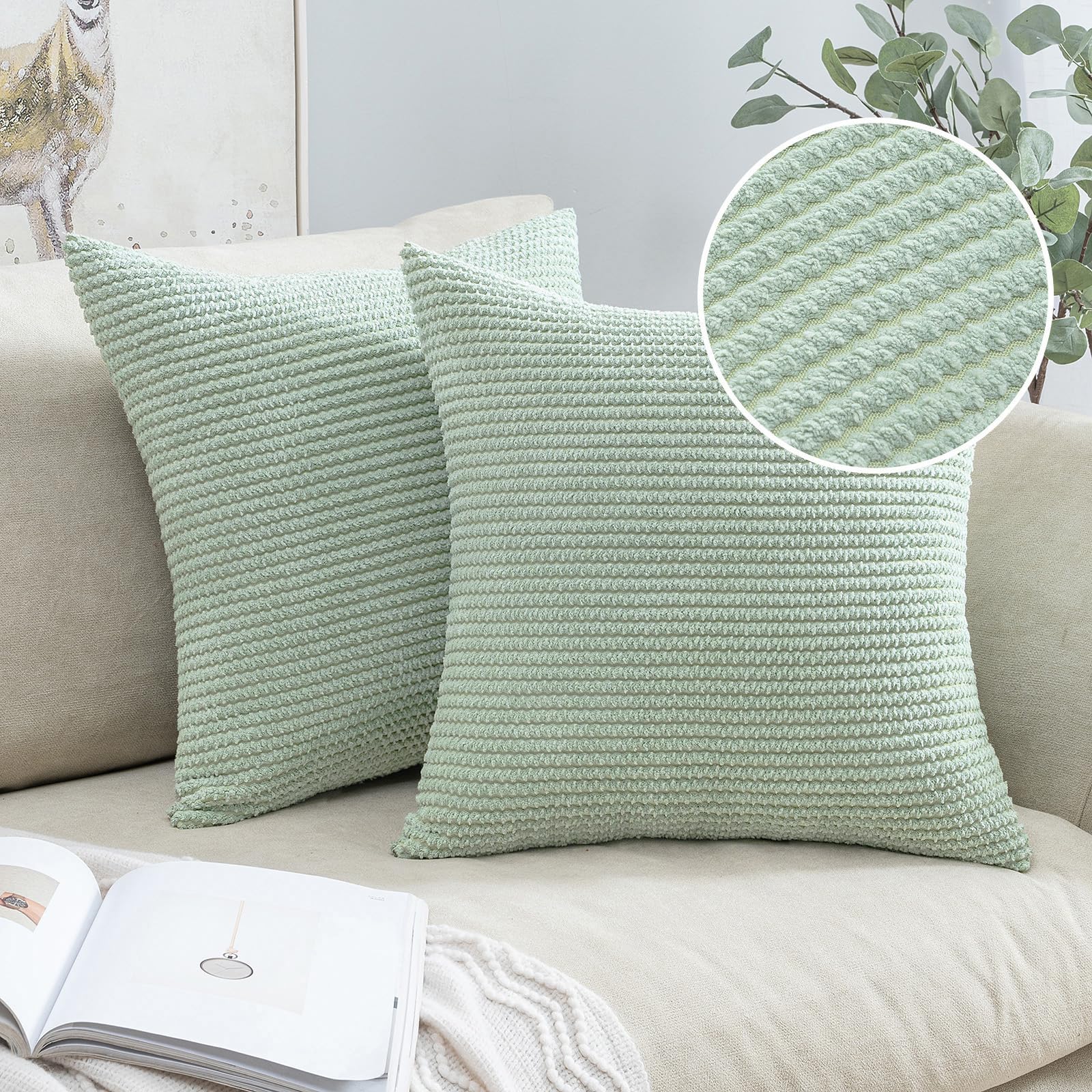 MIULEE Set of 2 Square Cushion Covers Polyester Fabric Chenille Pattern Soft Durable Comfortable Concise Decoration Pillowcase Without Pillow for Living Room Bedroom Sofa Morandi Green 40 x 40 cm