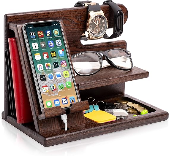 Amazon Com Teslyar Wood Phone Docking Station Ash Key Holder Wallet Stand Watch Organizer Men Gift Husband Wife Anniversary Dad Birthday Nightstand Purse Father Graduation Male Travel Idea Gadgets
