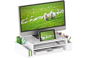 SimpleHouseware Computer Desk Monitor Stand Riser with Drawer Organizer Storage, White