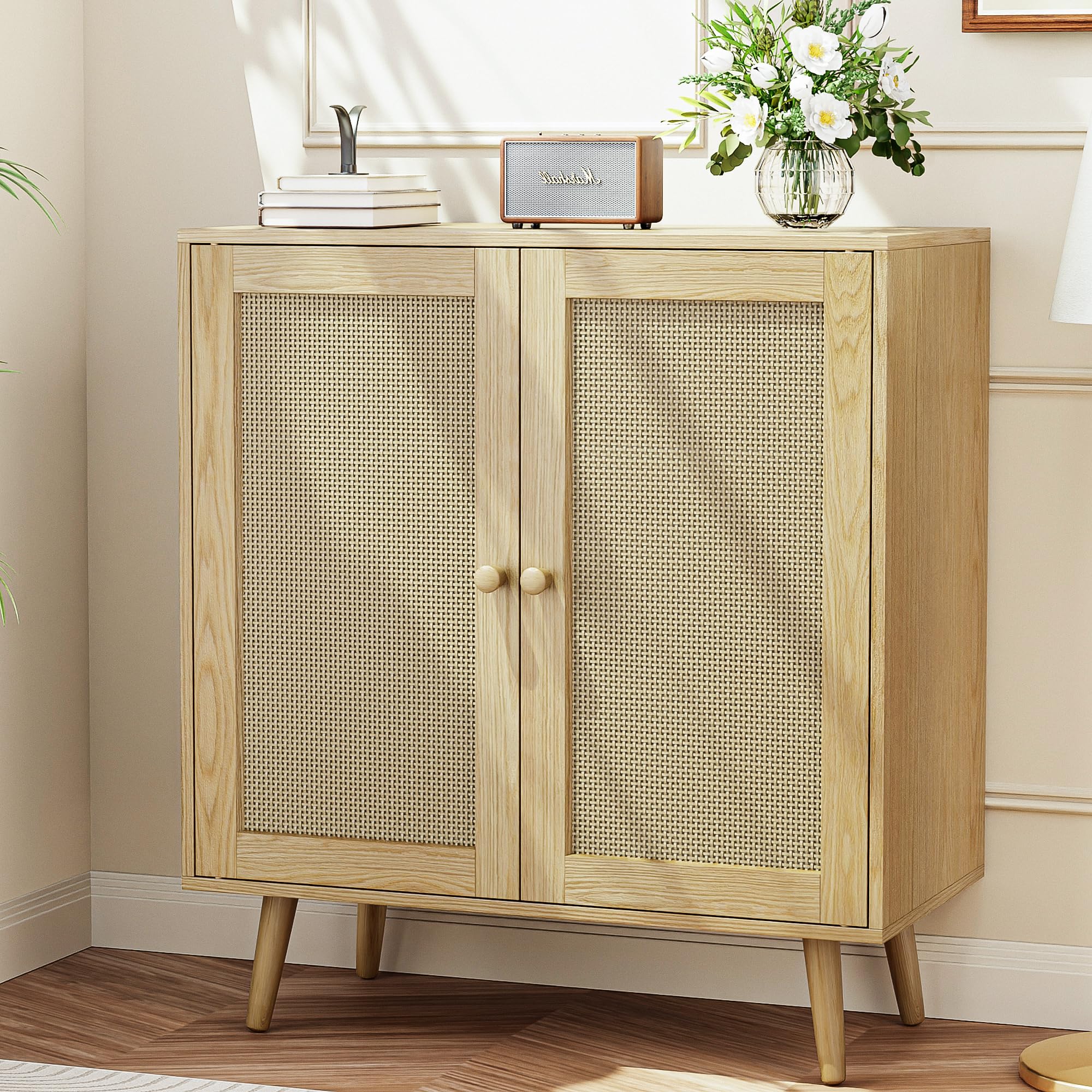 Photo 1 of ***FACTORY SEALED***
infurnic 2 Door Rattan Storage Cabinet, Wood Kitchen Sideboard Buffet Console Table with Shelves for Living Room, Hallway, Kitchen, Oak