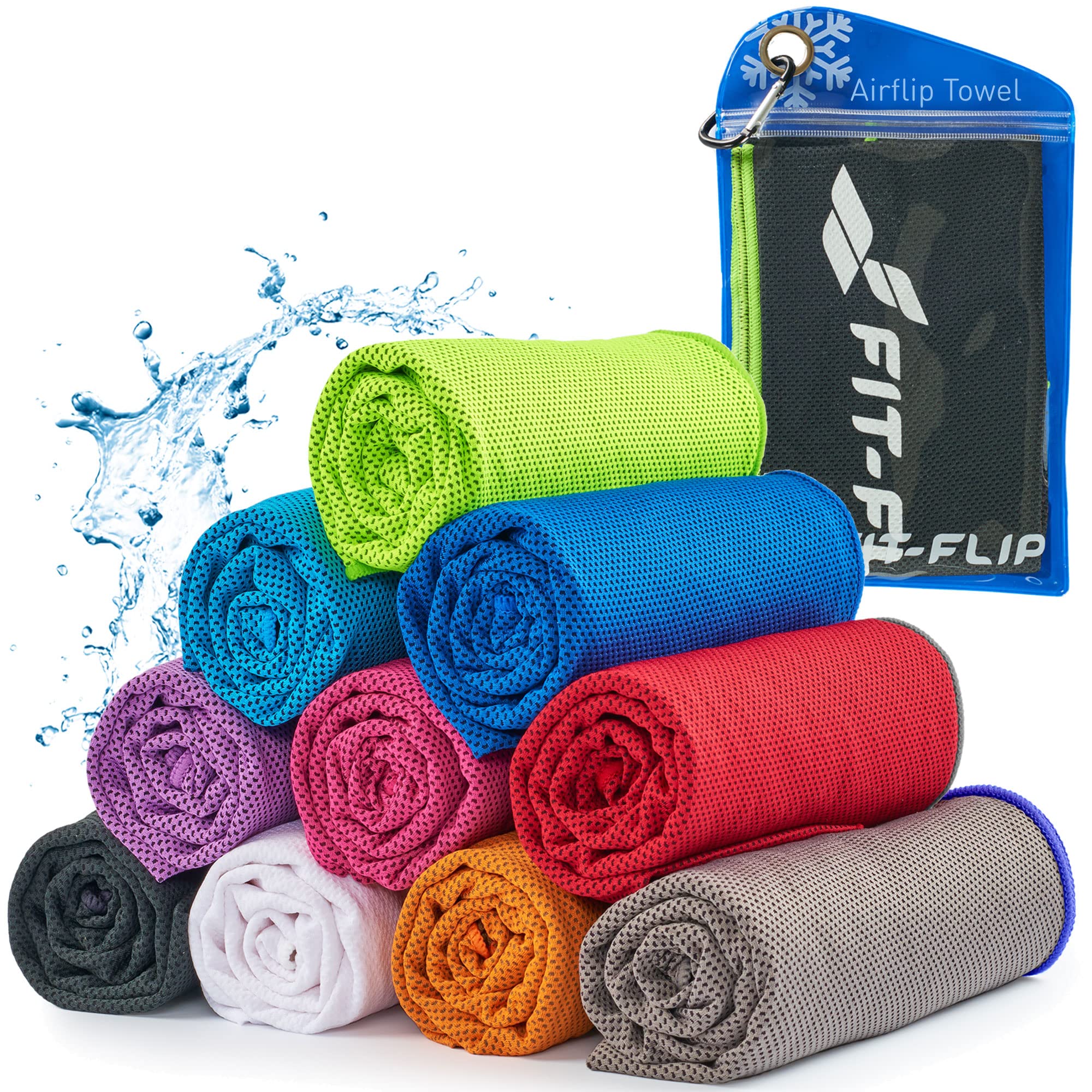 Fit-Flip Cooling towels - Airflip - cool touch microfibre ice towel as wet neck scarf - cold cloth for sport, yoga and fitness (black - neon green, 100x30cm)